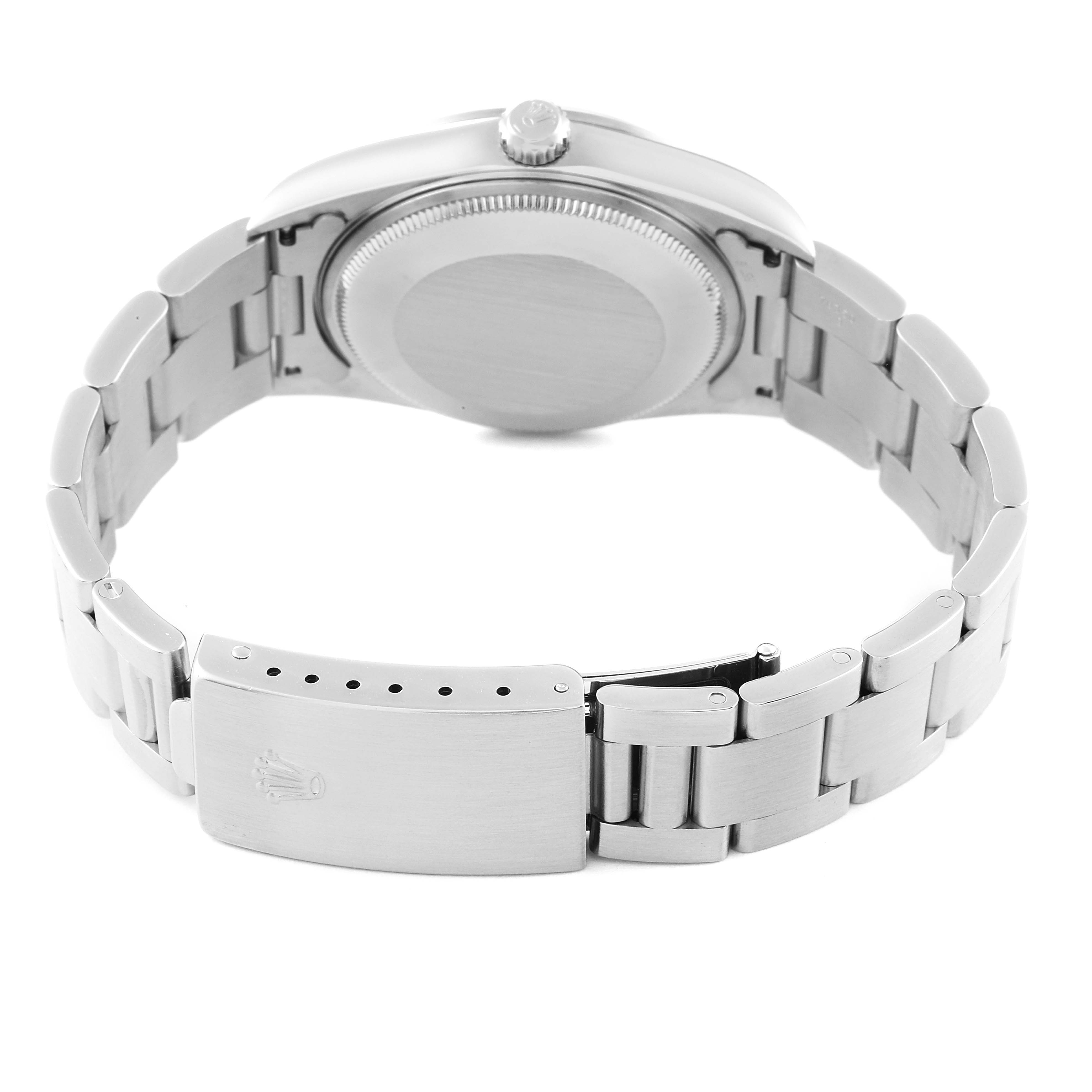 The image shows the back view of a Rolex Air-King 14000M Men's Stainless Steel Black Dial 14000M Men's Stainless Steel Black Dial watch, highlighting the case back and metal bracelet with clasp.