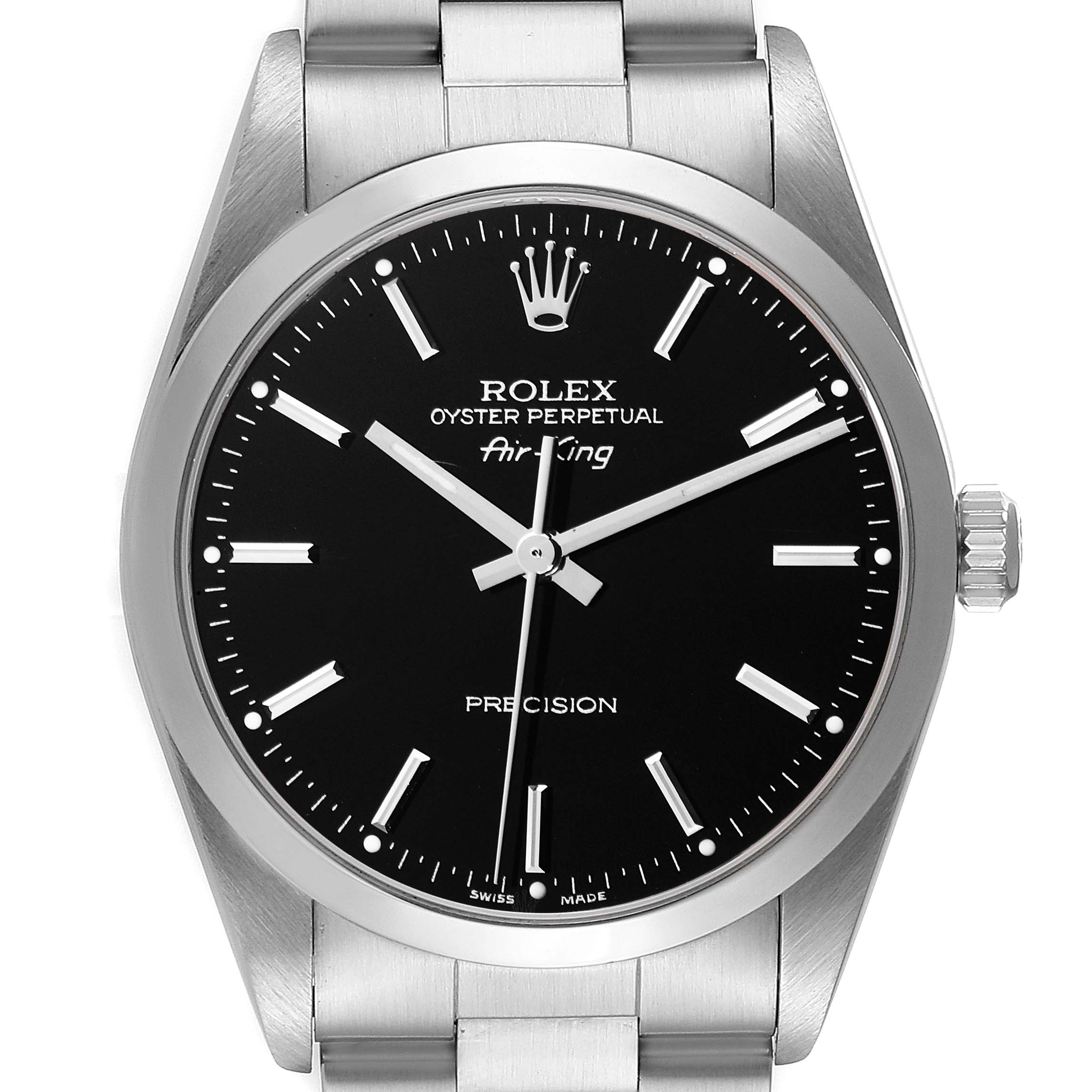 The image shows a frontal view of the Rolex Air-King 14000M Men's Stainless Steel Black Dial 14000M Men's Stainless Steel Black Dial watch, highlighting the dial, hour markers, hands, and crown.