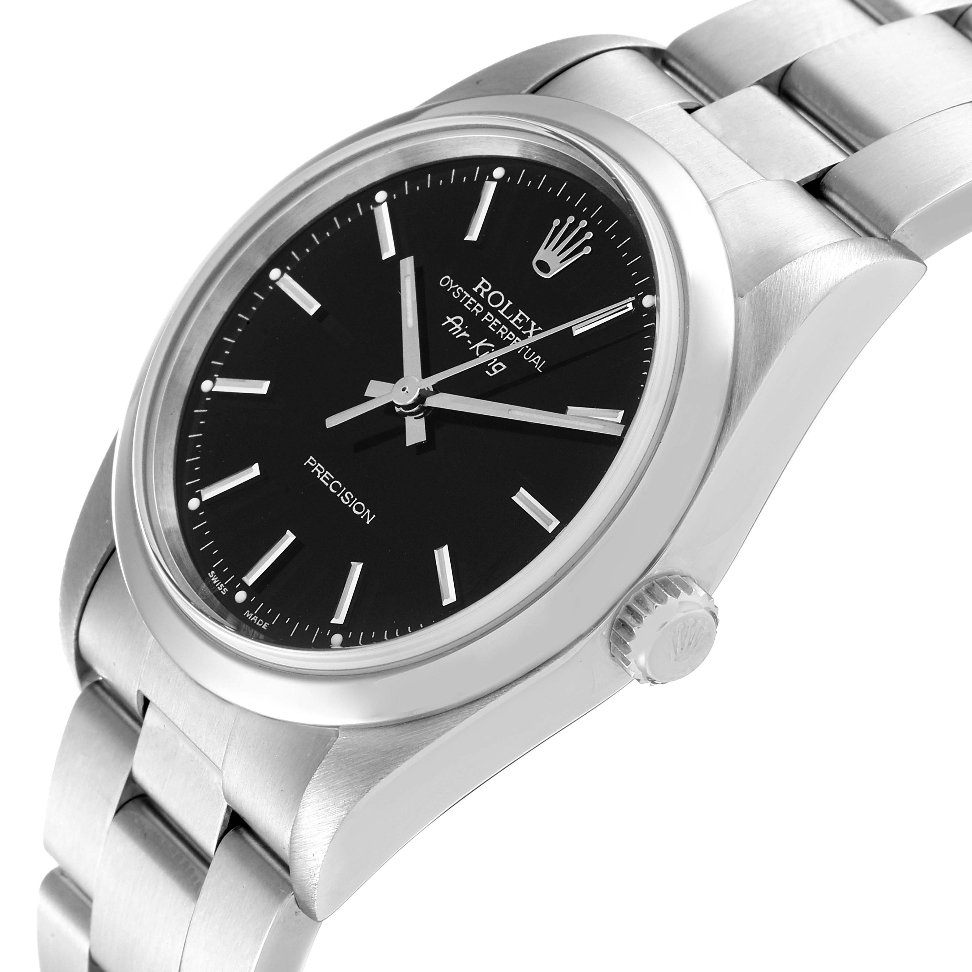 The Rolex Air-King 14000M Men's Stainless Steel Black Dial 14000M Men's Stainless Steel Black Dial watch is shown at a slight angle, highlighting its face, crown, and stainless steel bracelet.