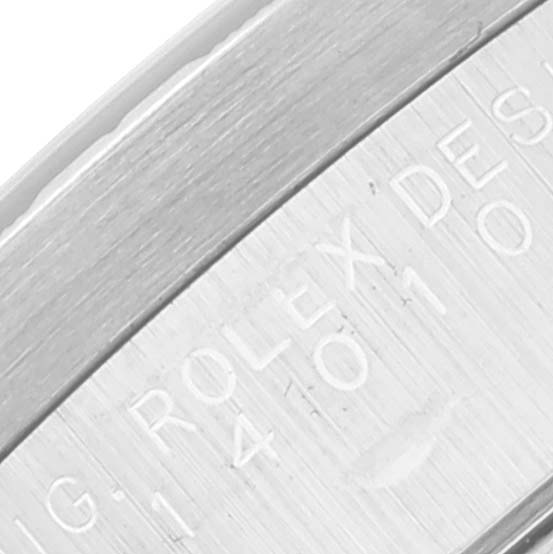 The image shows a close-up of the engraved inner bezel of a Rolex Air-King 14010 Men's Stainless Steel Black Dial 14010 Men's Stainless Steel Black Dial watch, highlighting the brand and model details.