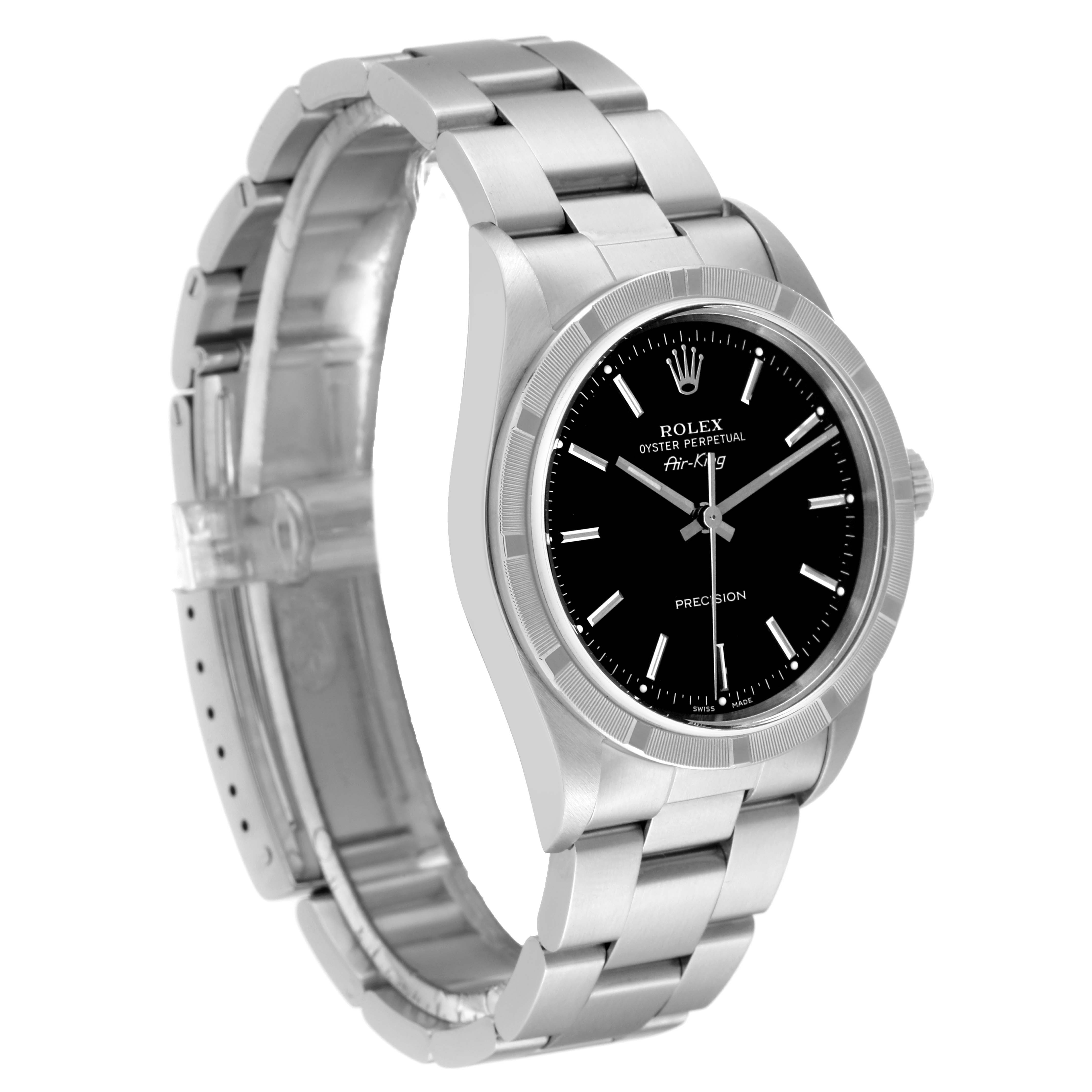 The Rolex Air-King 14010 Men's Stainless Steel Black Dial 14010 Men's Stainless Steel Black Dial watch is shown at an angle highlighting its face, bezel, and bracelet.