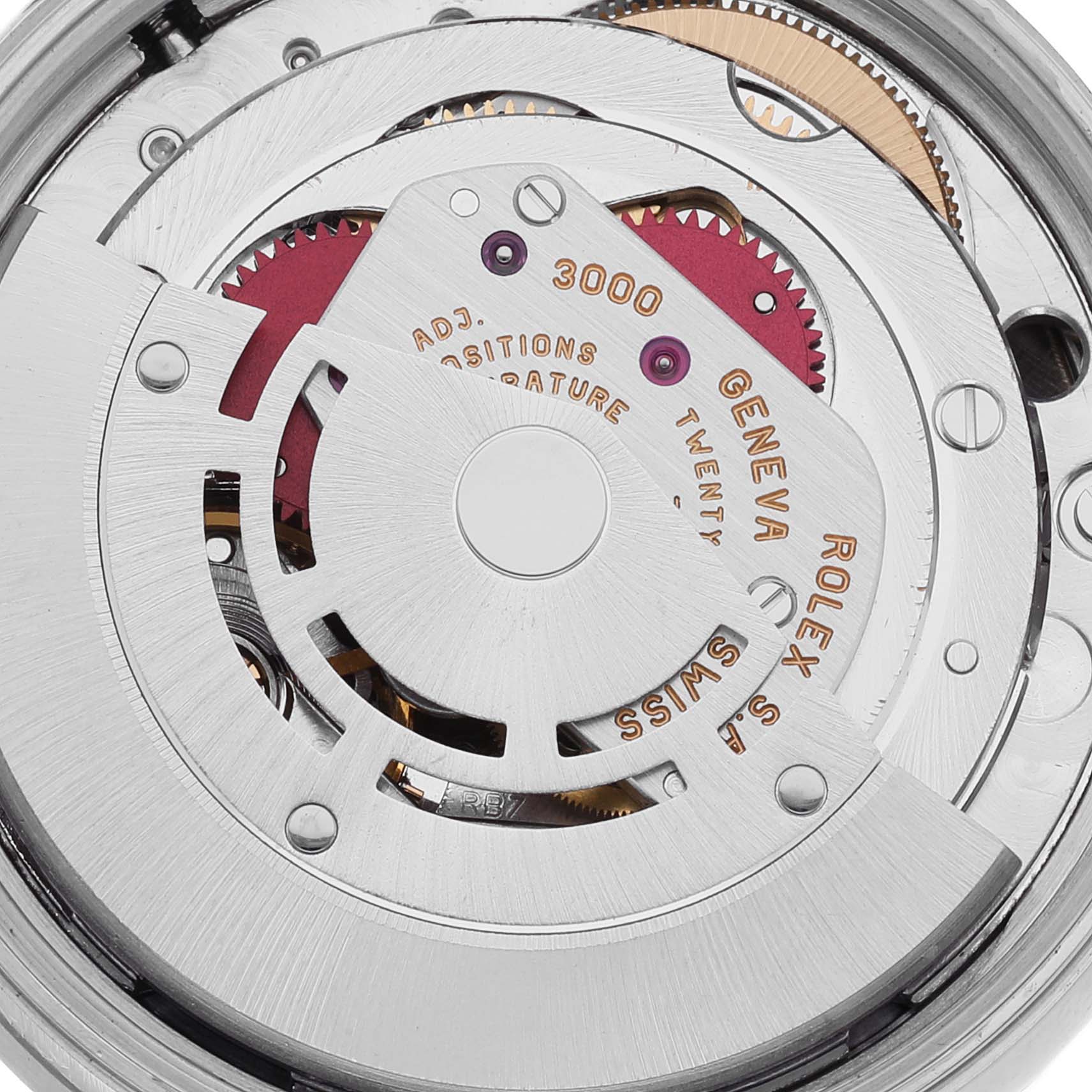 This is an internal view of the Rolex Air-King 14010 Men's Stainless Steel Black Dial 14010 Men's Stainless Steel Black Dial showing its mechanical movement components and rotor.