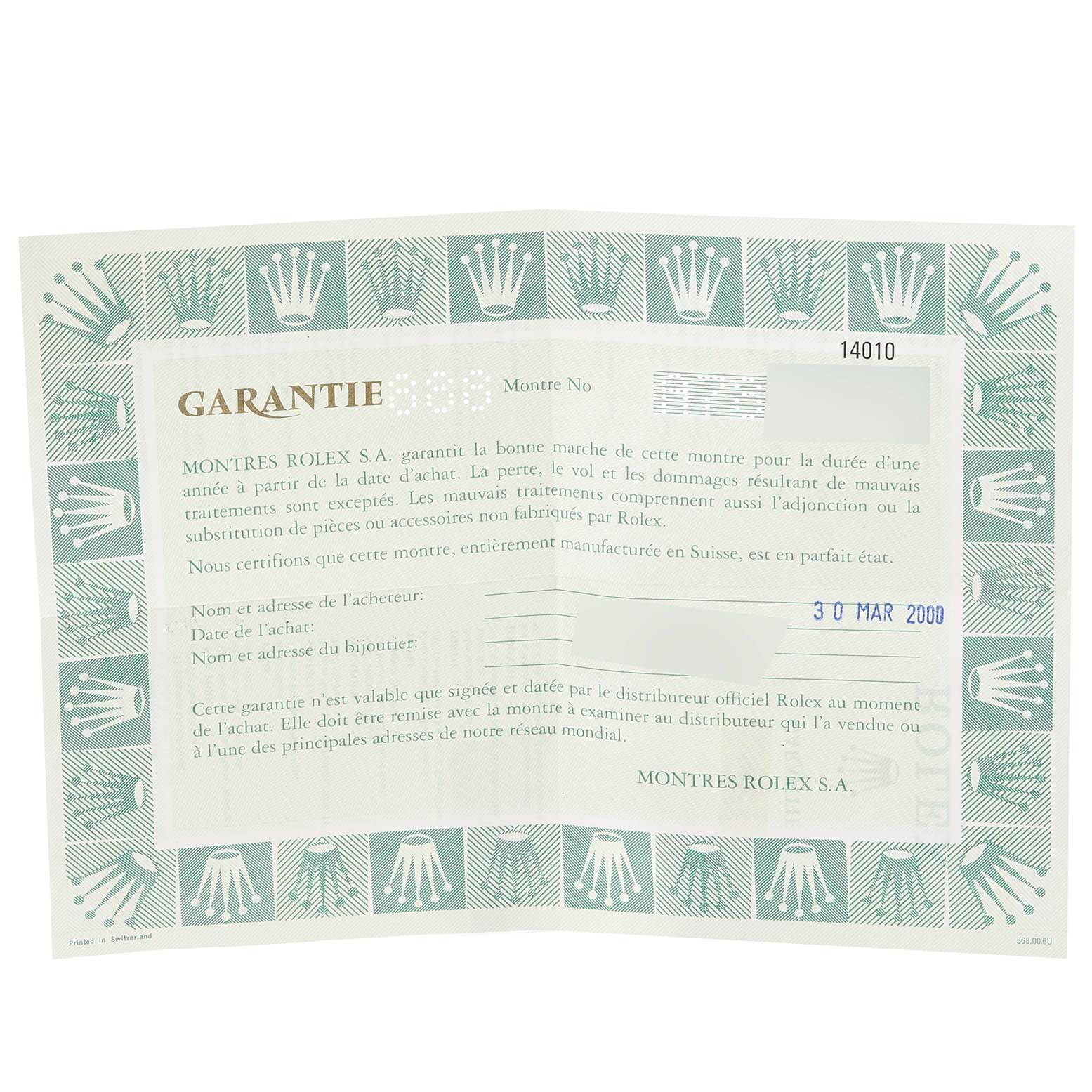 This is a warranty card for the Rolex Air-King 14010 Men's Stainless Steel Black Dial 14010 Men's Stainless Steel Black Dial watch, shown from a top-down angle.