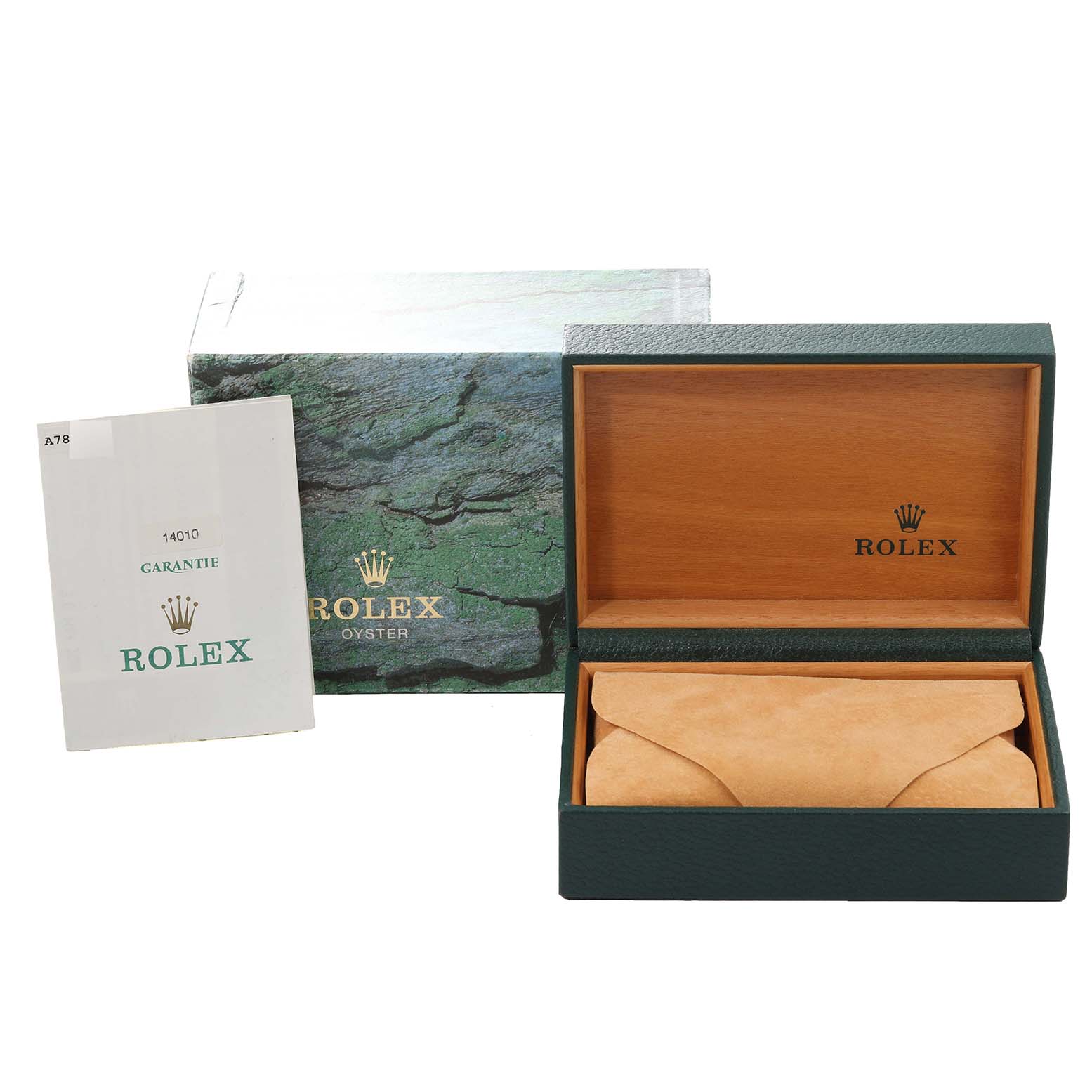 The image shows the packaging and accessories for the Rolex Air-King 14010 Men's Stainless Steel Black Dial 14010 Men's Stainless Steel Black Dial, including a watch box, outer box, and guarantee booklet.
