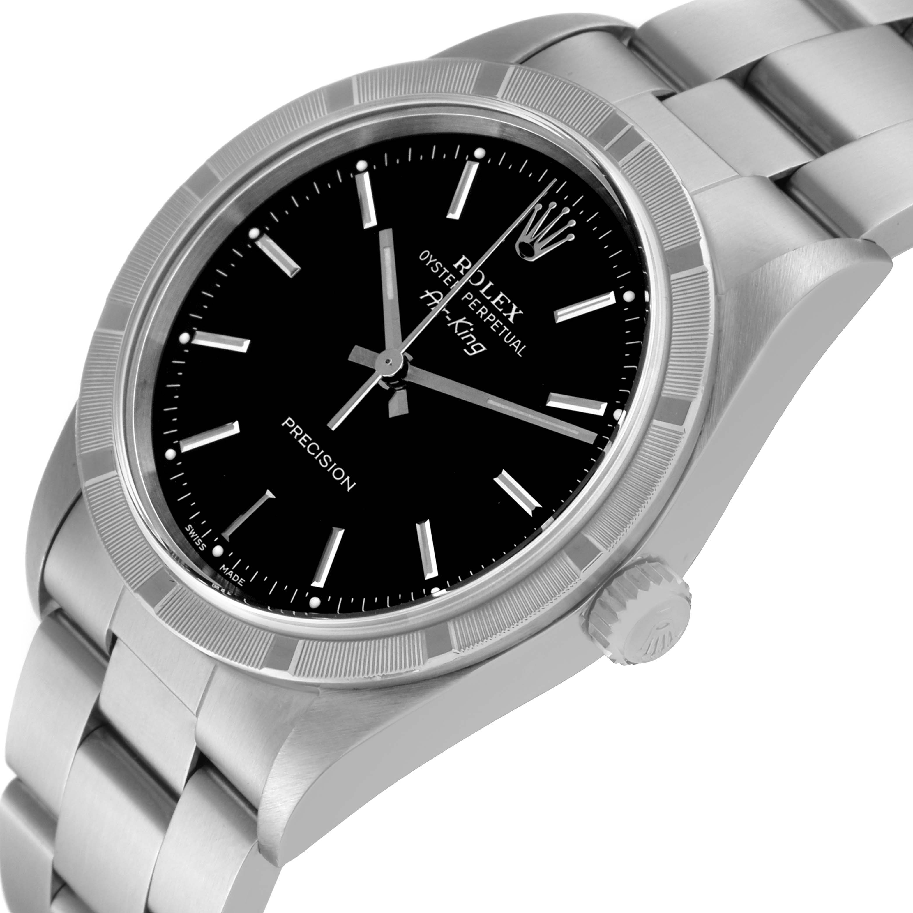 The image shows a close-up of a Rolex Air-King 14010 Men's Stainless Steel Black Dial 14010 Men's Stainless Steel Black Dial watch, highlighting its dial, bezel, crown, and a portion of the bracelet.