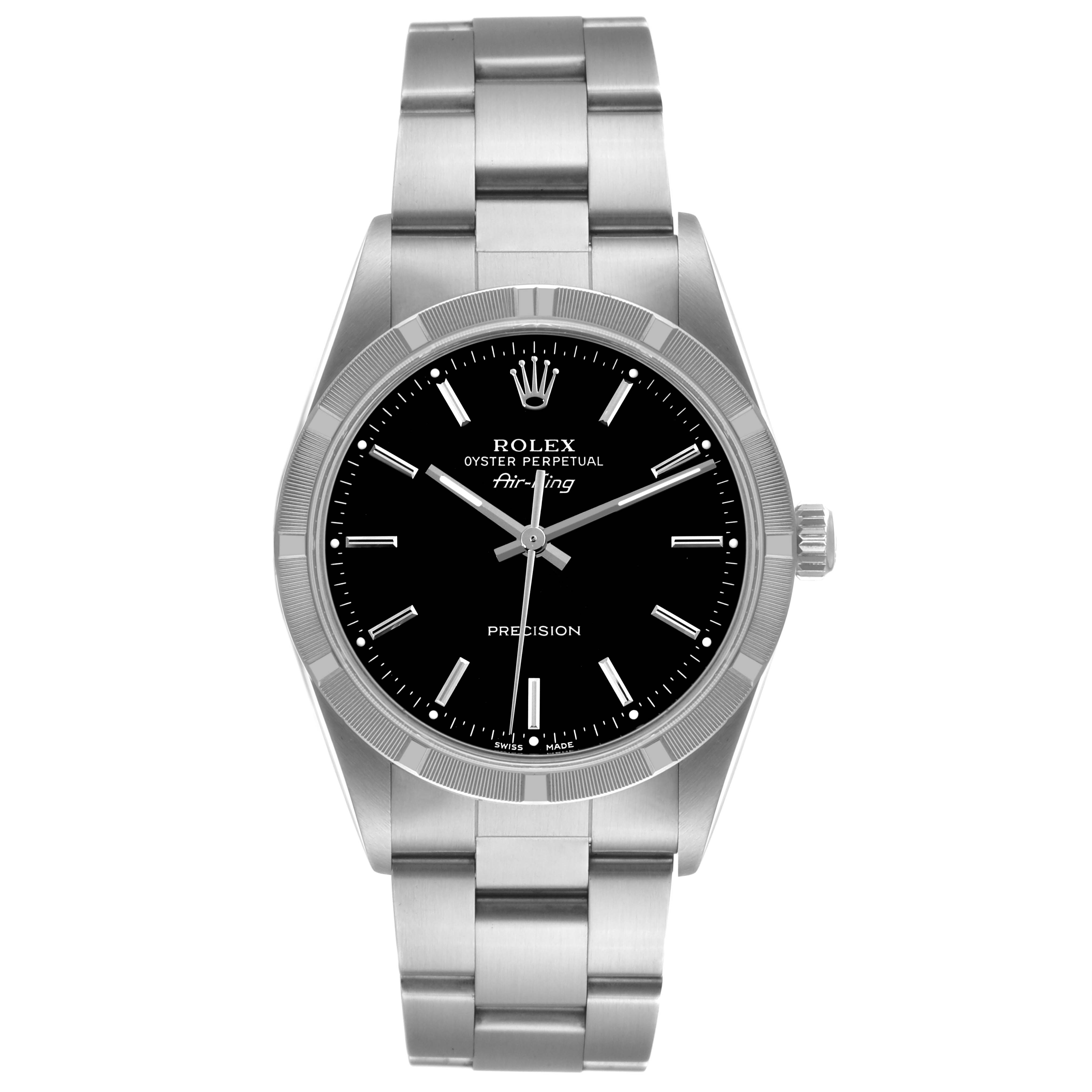 The Rolex Air-King 14010 Men's Stainless Steel Black Dial 14010 Men's Stainless Steel Black Dial watch is shown in a front view, highlighting the black dial, silver markers, crown, and stainless steel bracelet.