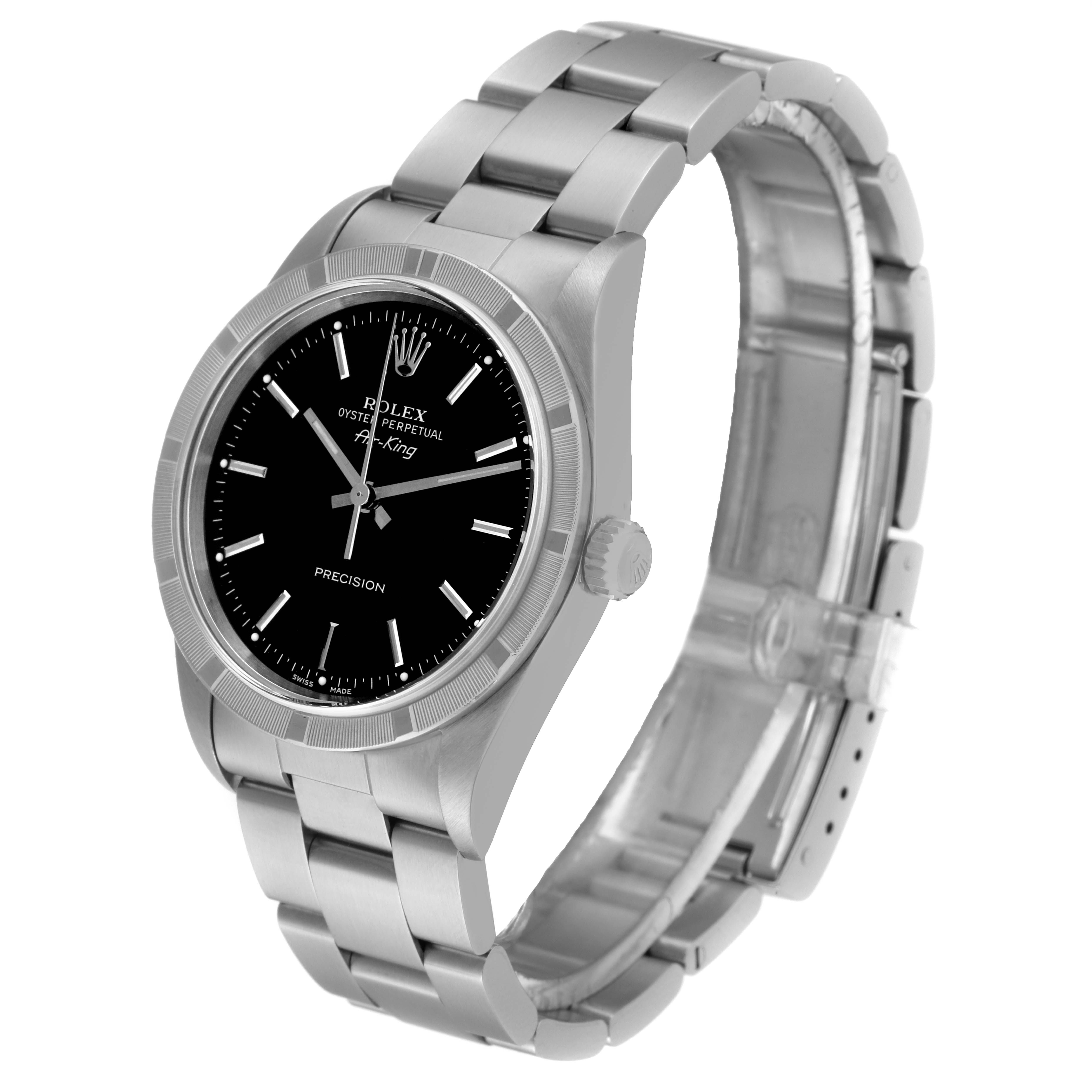 The image shows a side-angle view of a Rolex Air-King 14010 Men's Stainless Steel Black Dial 14010 Men's Stainless Steel Black Dial watch, highlighting the dial, bezel, bracelet, and crown.