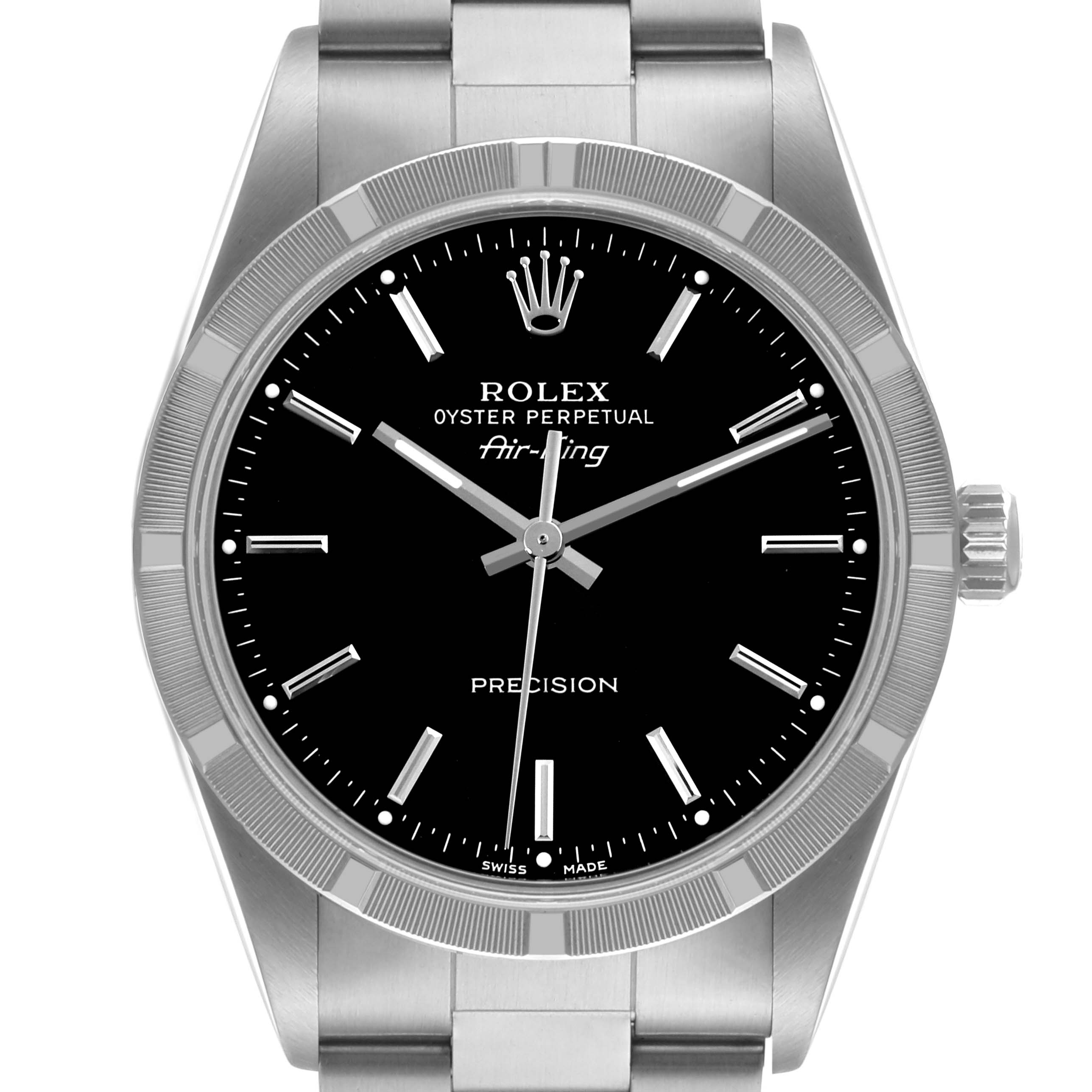 The image shows a front view of the Rolex Air-King 14010 Men's Stainless Steel Black Dial 14010 Men's Stainless Steel Black Dial watch, highlighting the dial, hands, bezel, and part of the bracelet.
