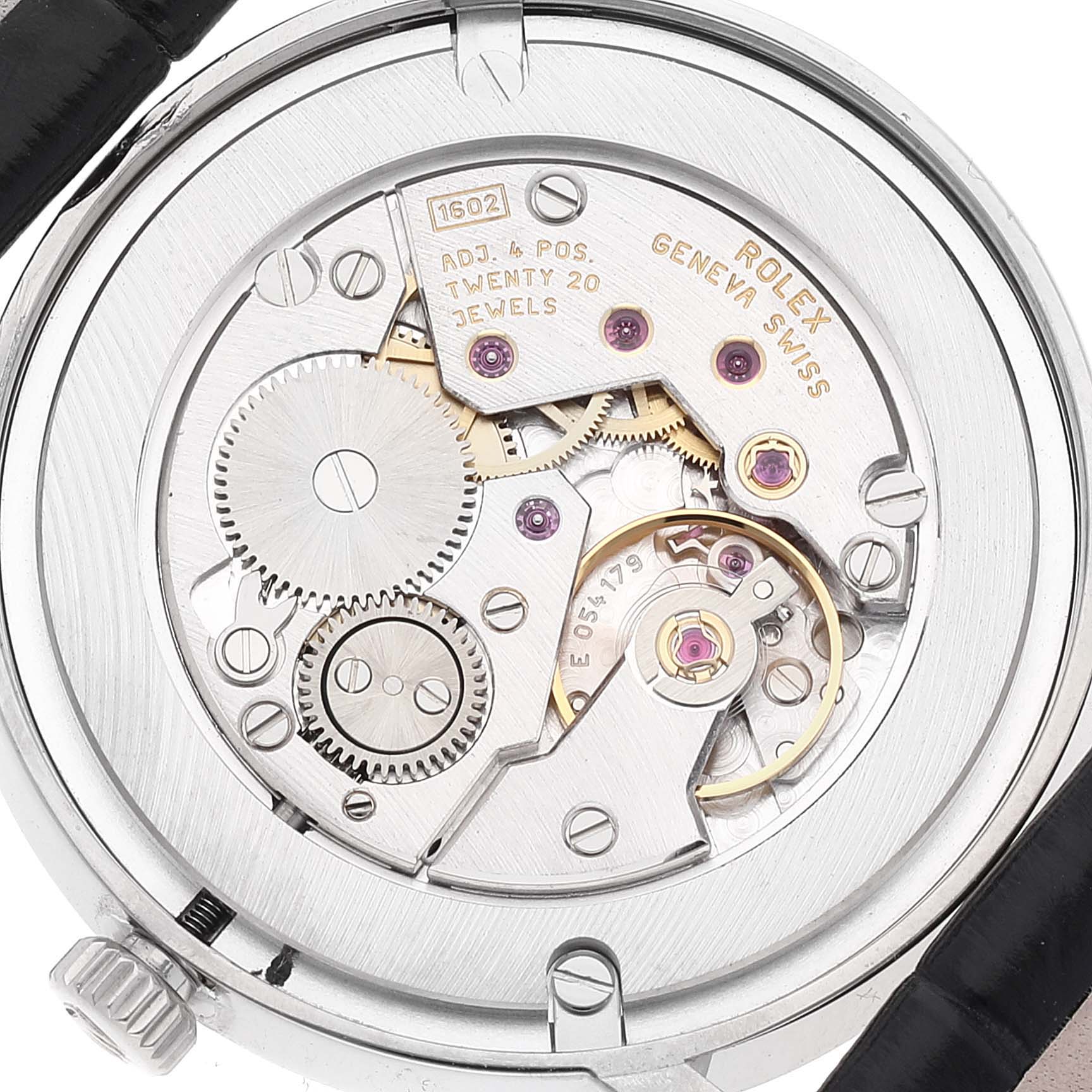 This image shows the back view of the Rolex Cellini 5115 Men's White Gold Grey Dial 5115 Men's White Gold Grey Dial watch, revealing its intricate movement and internal mechanisms.