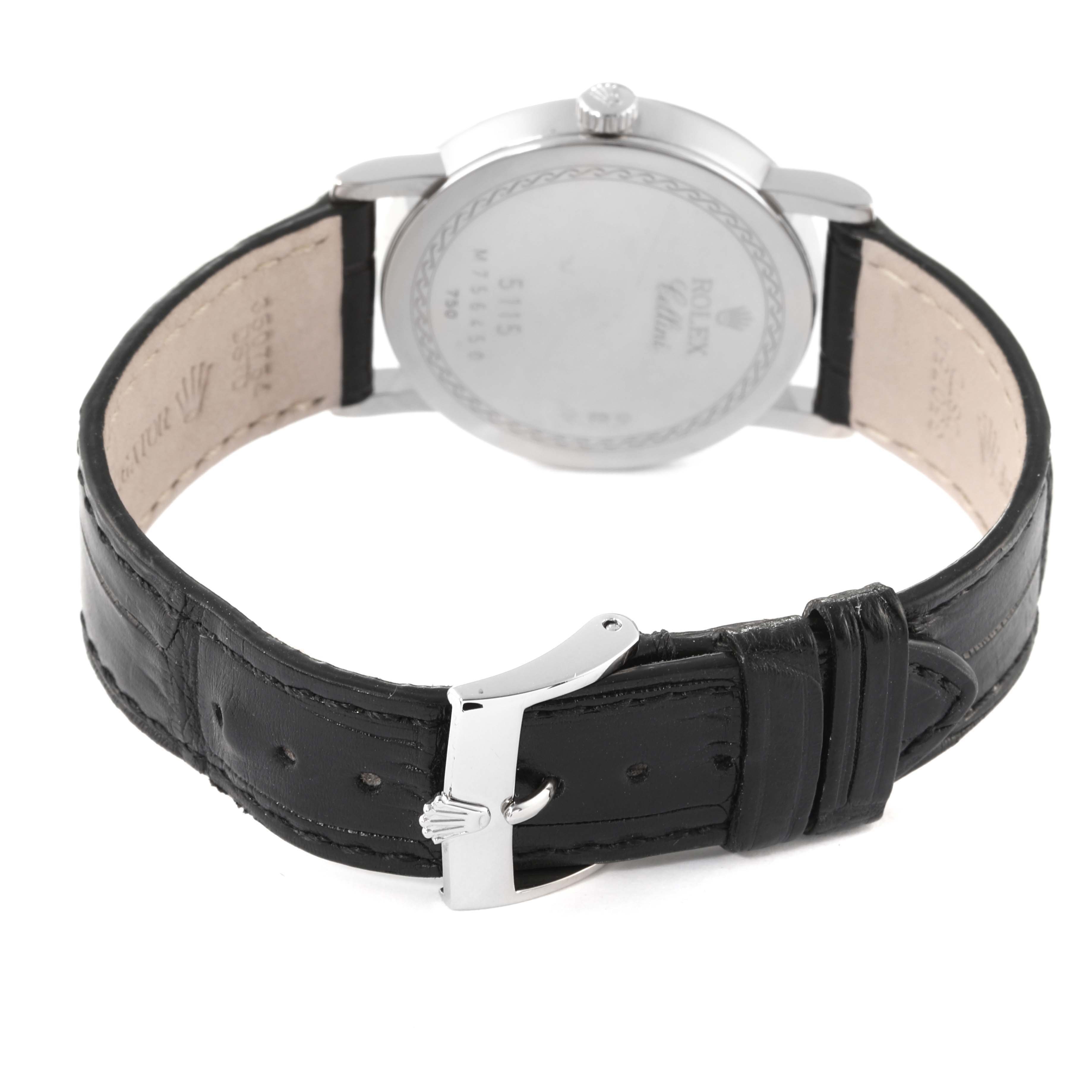 This image shows the back view of a Rolex Cellini 5115 Men's White Gold Grey Dial 5115 Men's White Gold Grey Dial watch, focusing on the case back, crown, and leather strap with a buckle.
