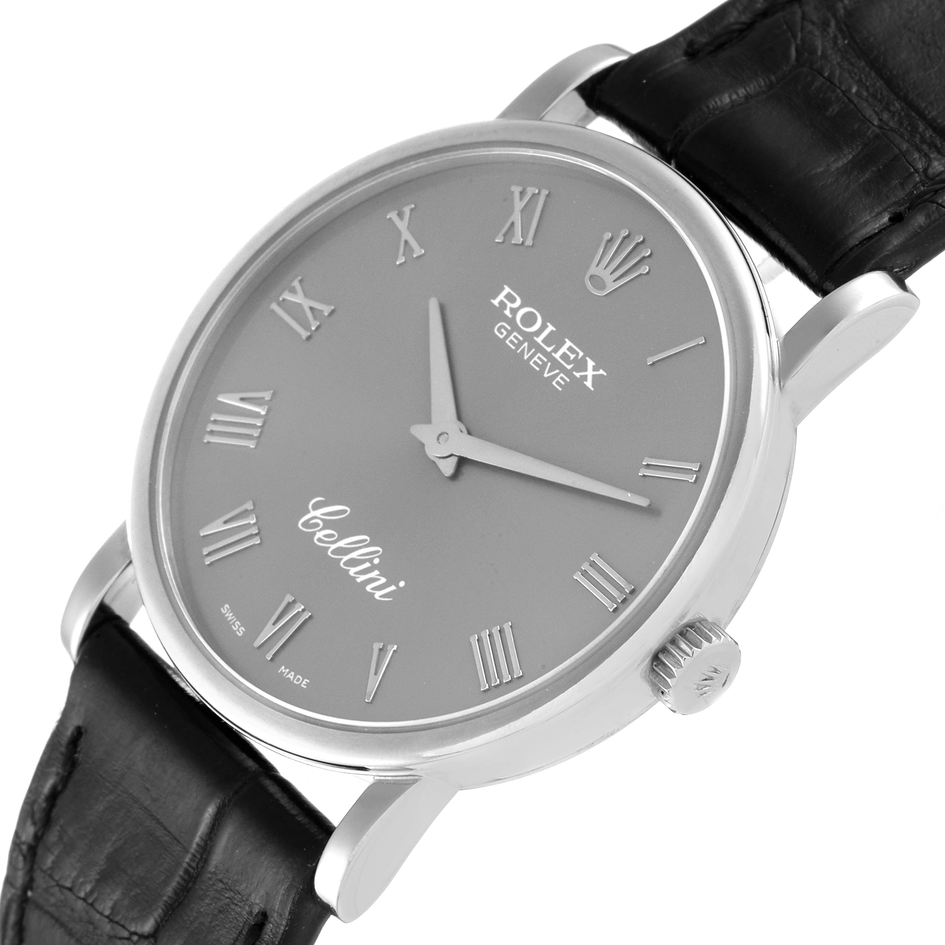 The image shows a Rolex Cellini 5115 Men's White Gold Grey Dial 5115 Men's White Gold Grey Dial watch at a slight angled view, highlighting its dial, crown, case, and leather strap.