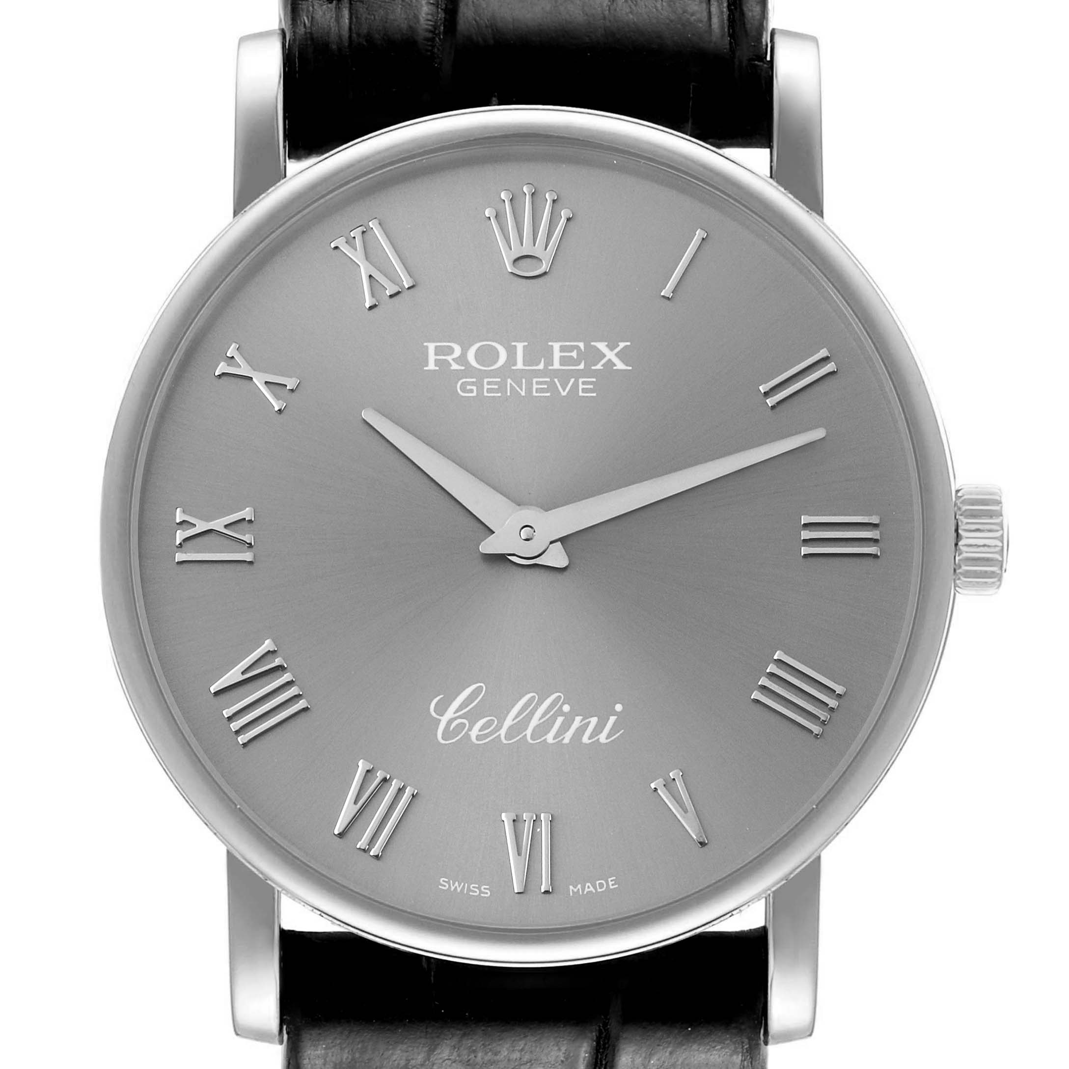 The image shows a frontal view of the Rolex Cellini 5115 Men's White Gold Grey Dial 5115 Men's White Gold Grey Dial watch face, including the crown, hour, and minute hands.