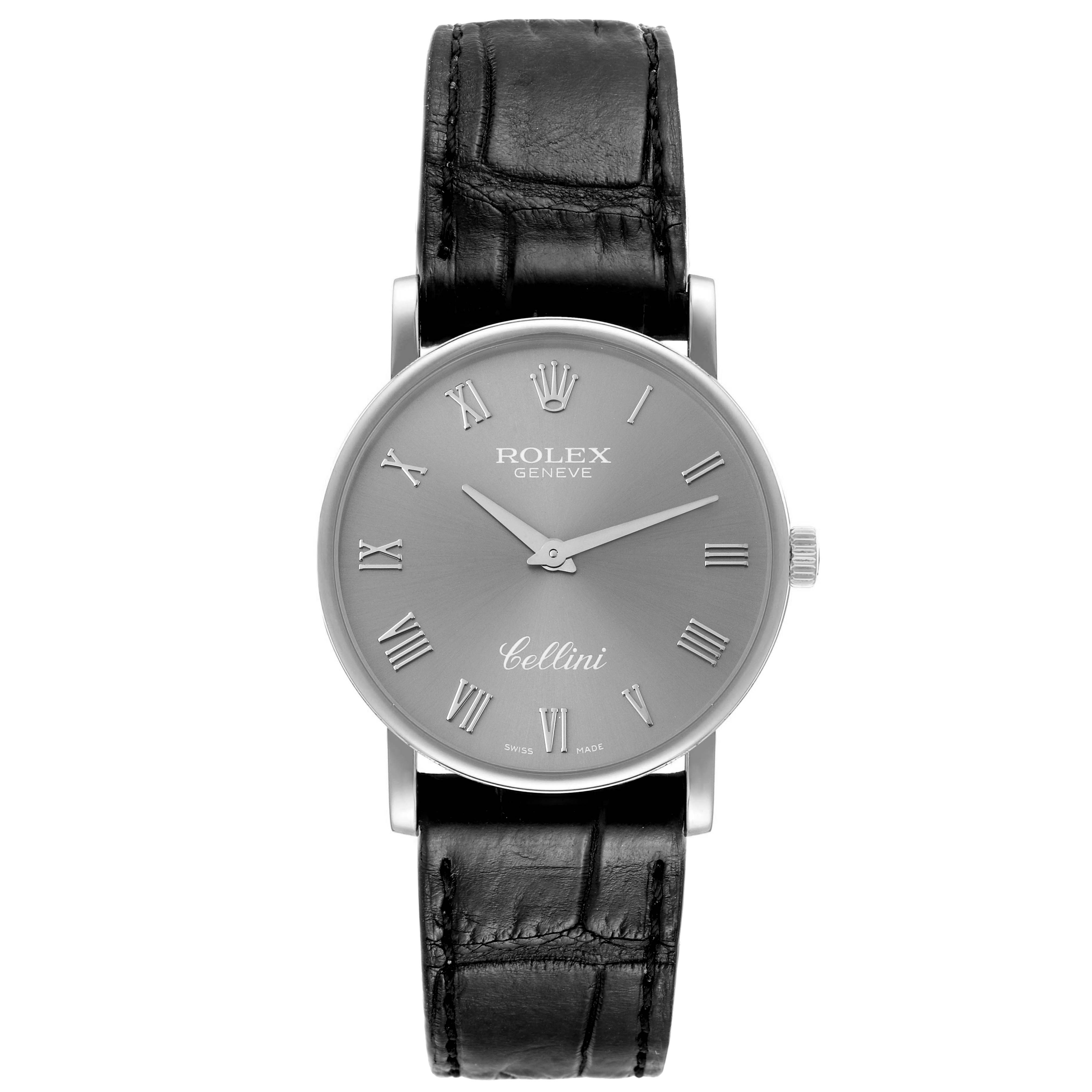 The image shows a front view of a Rolex Cellini 5115 Men's White Gold Grey Dial 5115 Men's White Gold Grey Dial watch with a black leather strap and a silver dial.