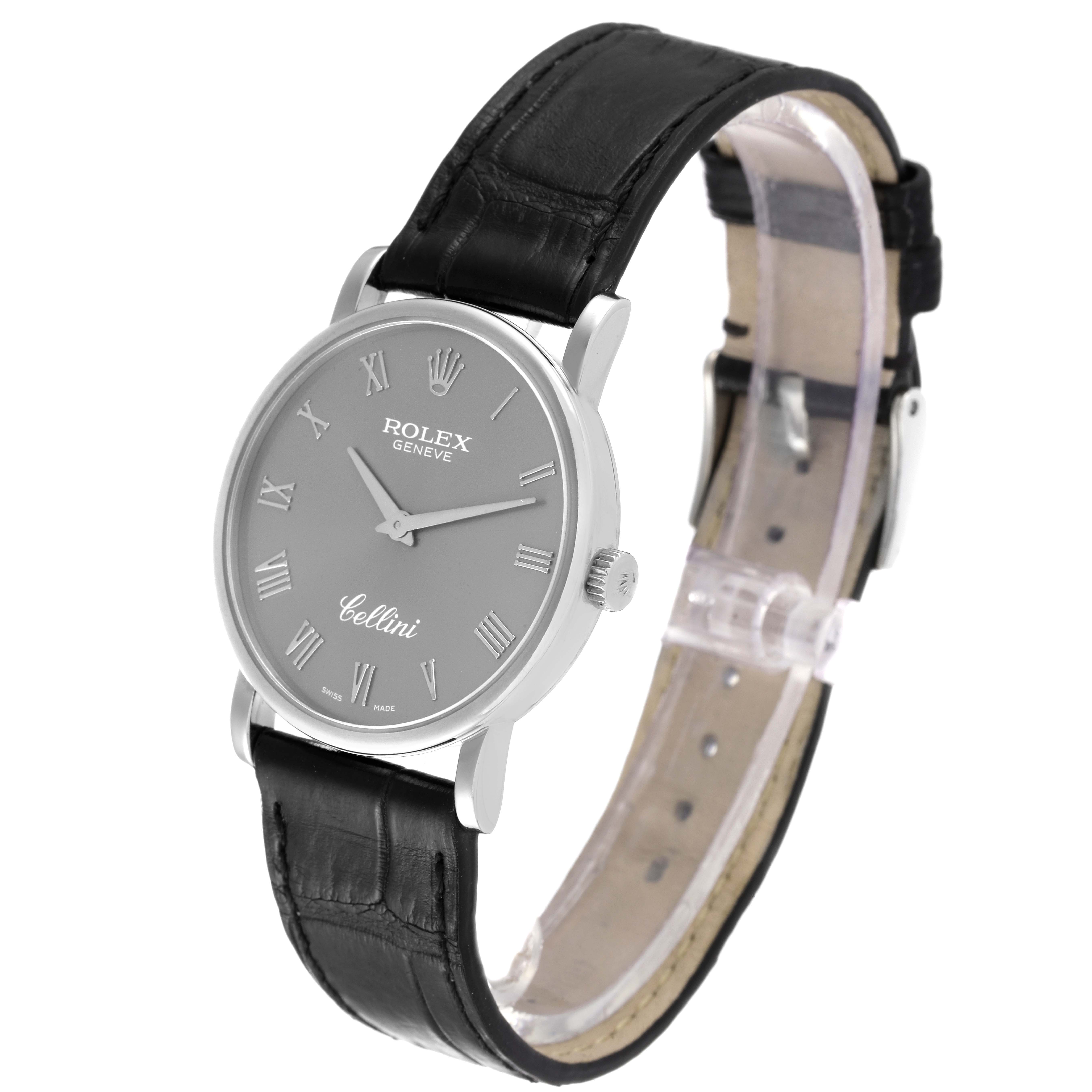 The image shows a Rolex Cellini 5115 Men's White Gold Grey Dial 5115 Men's White Gold Grey Dial watch at a slight angle, highlighting its gray dial, Roman numerals, and black leather strap.