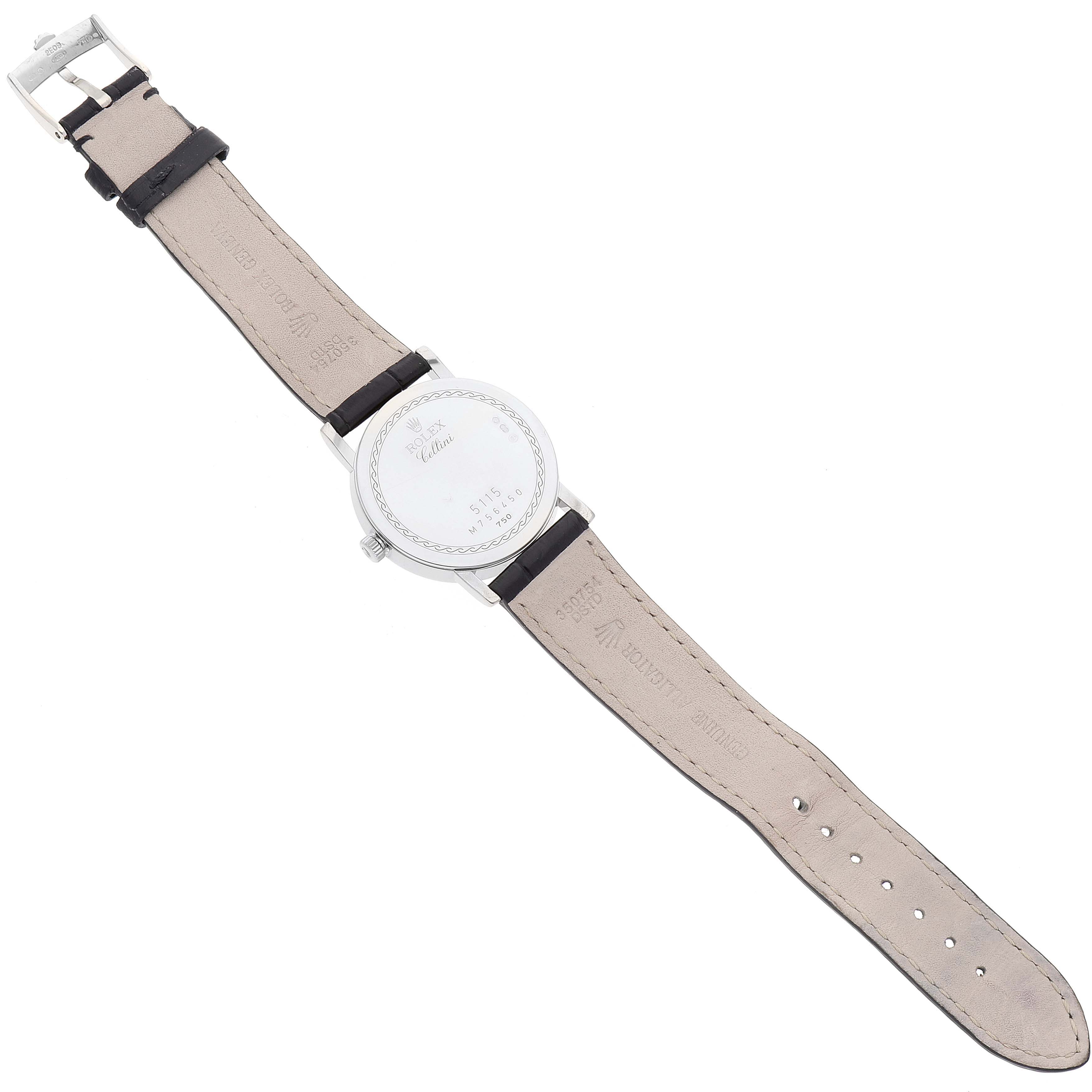 The image shows the back case and leather strap of a Rolex Cellini 5115 Men's White Gold Grey Dial 5115 Men's White Gold Grey Dial watch laid flat.