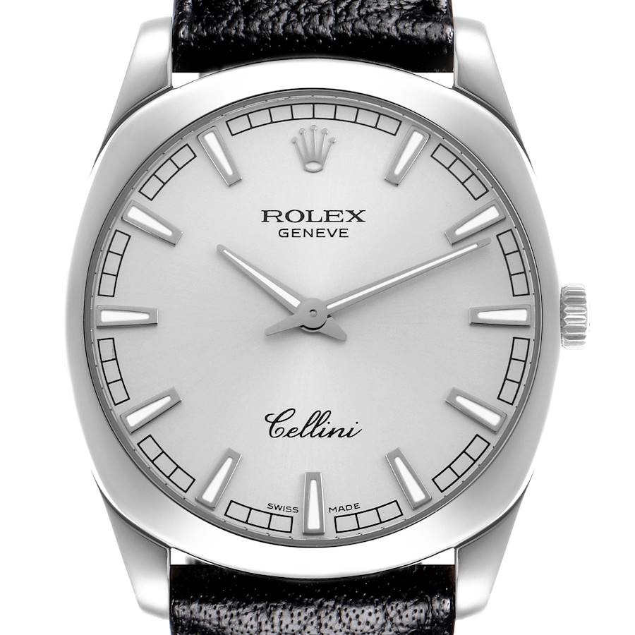 The Rolex Cellini model 4243/9 men's watch is shown from a front angle, displaying the dial, hands, markers, crown, and part of the leather strap.