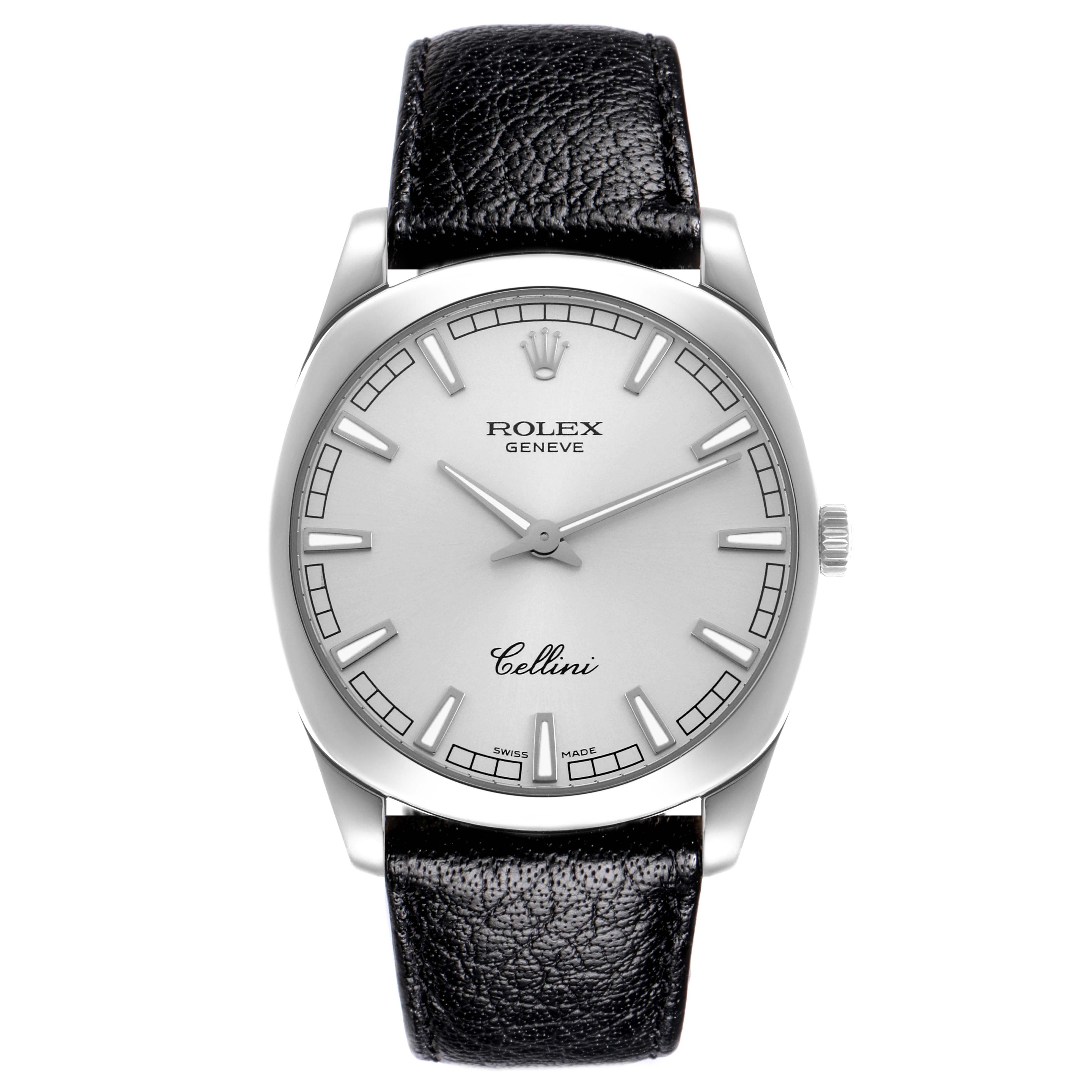 The image shows a frontal view of a Rolex Cellini model 4243/9 men
s watch, displaying its dial, case, and leather strap.
