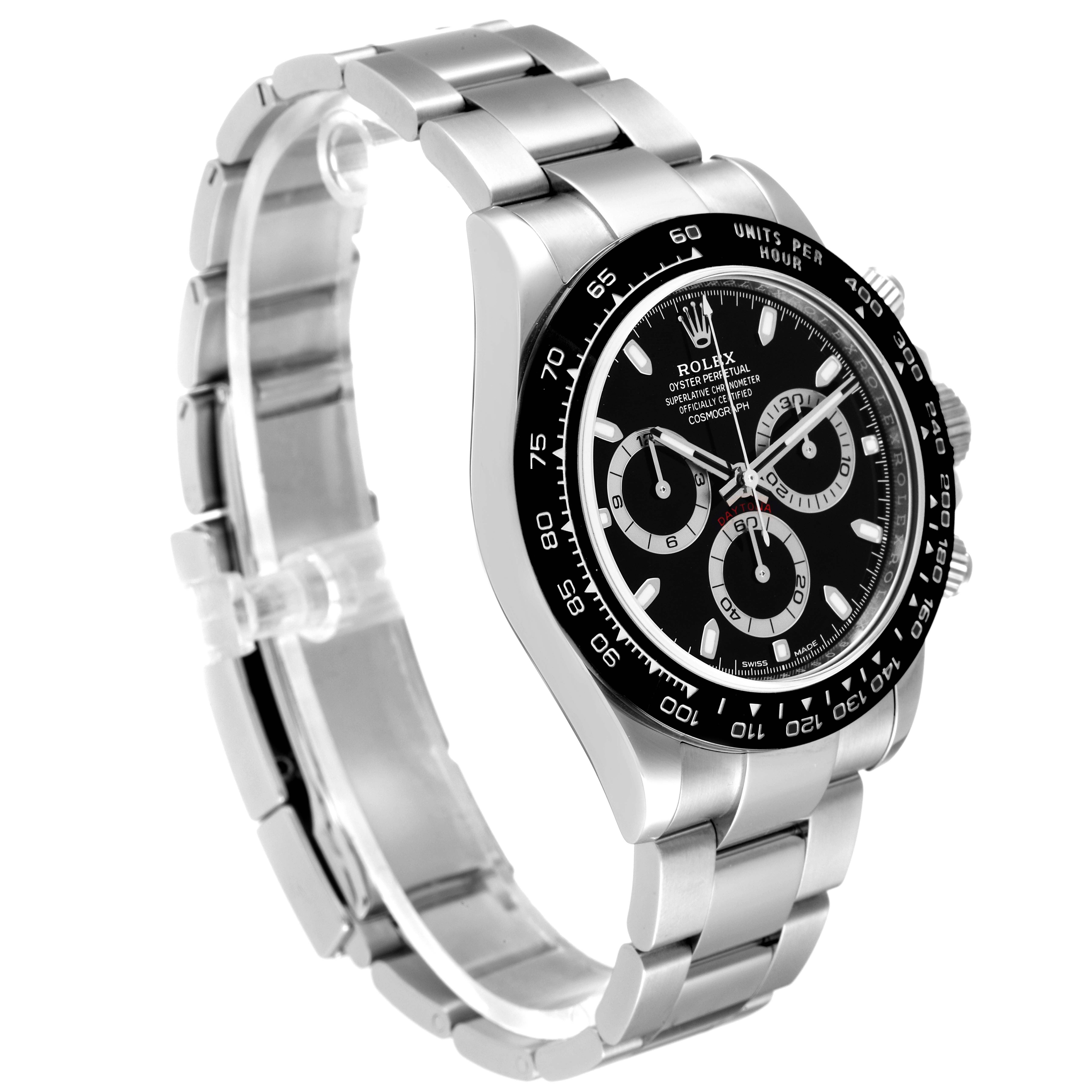 This image shows a side angle of a Rolex Daytona 116500 Men's Stainless Steel Black Dial 116500 Men's Stainless Steel Black Dial watch, highlighting its bracelet, case, and black dial with chronograph sub-dials.