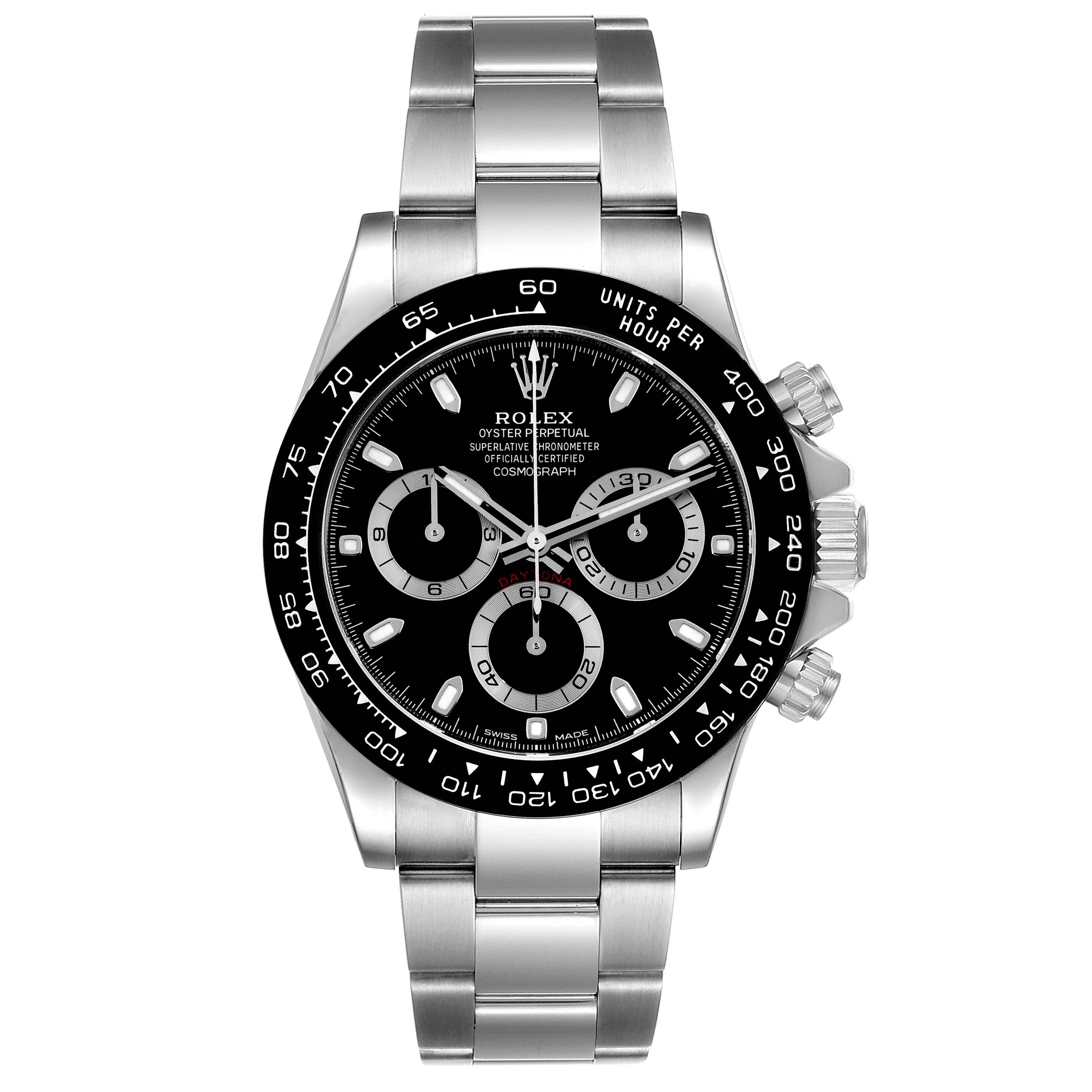 The Rolex Daytona 116500 Men's Stainless Steel Black Dial 116500 Men's Stainless Steel Black Dial watch is shown from a front angle, displaying its black dial, three subdials, and metal bracelet.
