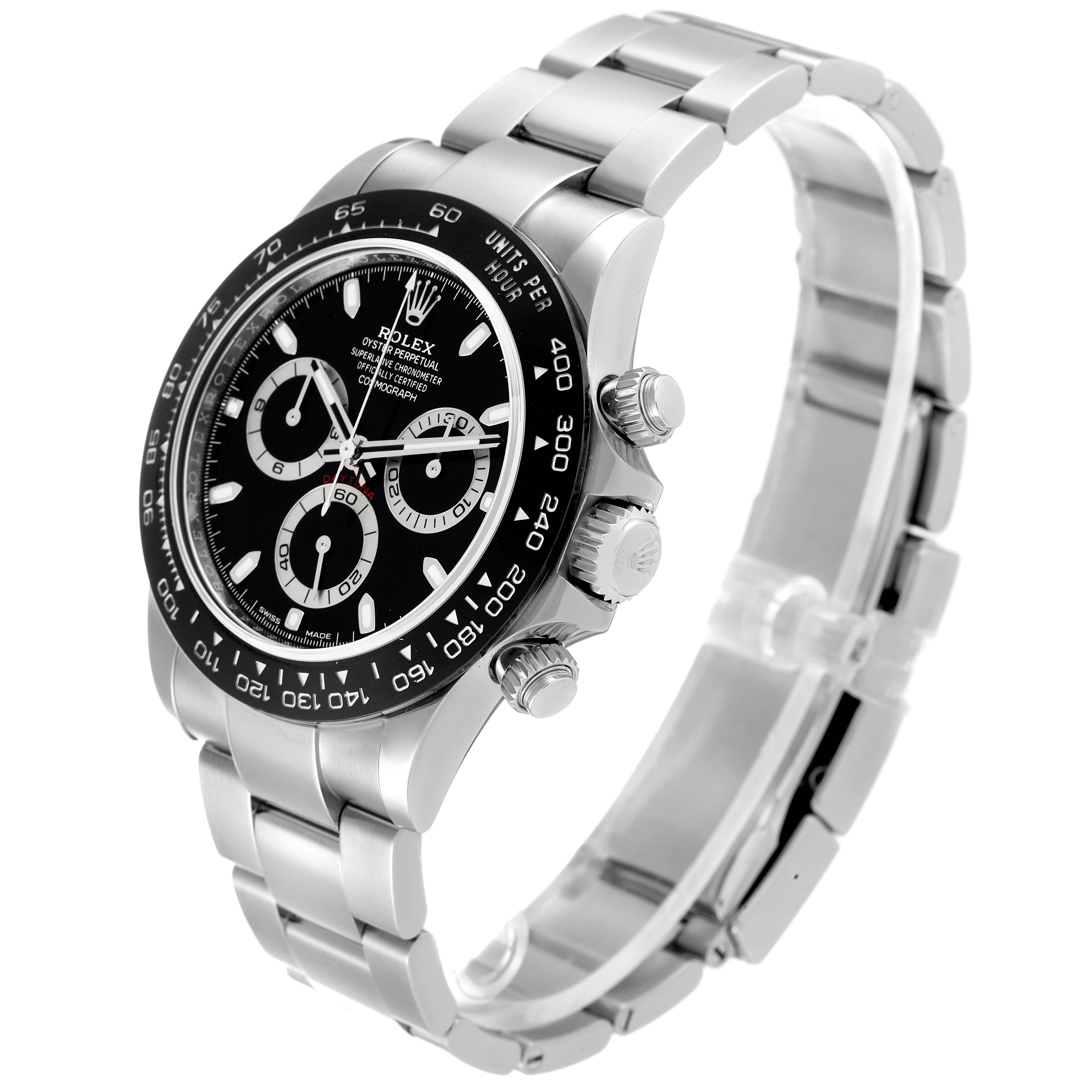 The image shows a side view of the Rolex Daytona 116500 Men's Stainless Steel Black Dial 116500 Men's Stainless Steel Black Dial watch, highlighting its stainless steel case, bracelet, and chronograph dials.