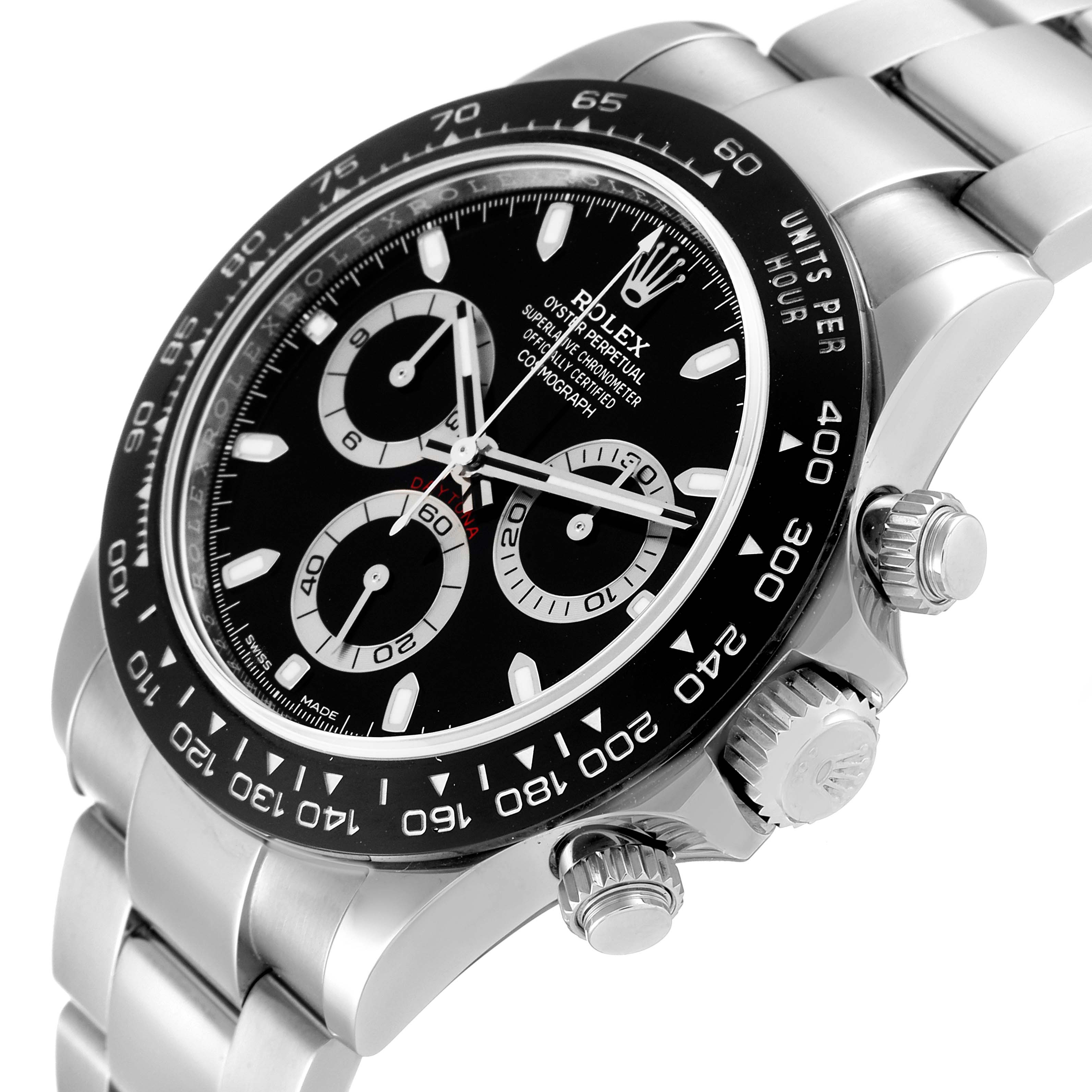 The image shows a close-up of the face and side of a Rolex Daytona 116500 Men's Stainless Steel Black Dial 116500 Men's Stainless Steel Black Dial watch, highlighting the dial, bezel, pushers, and crown.