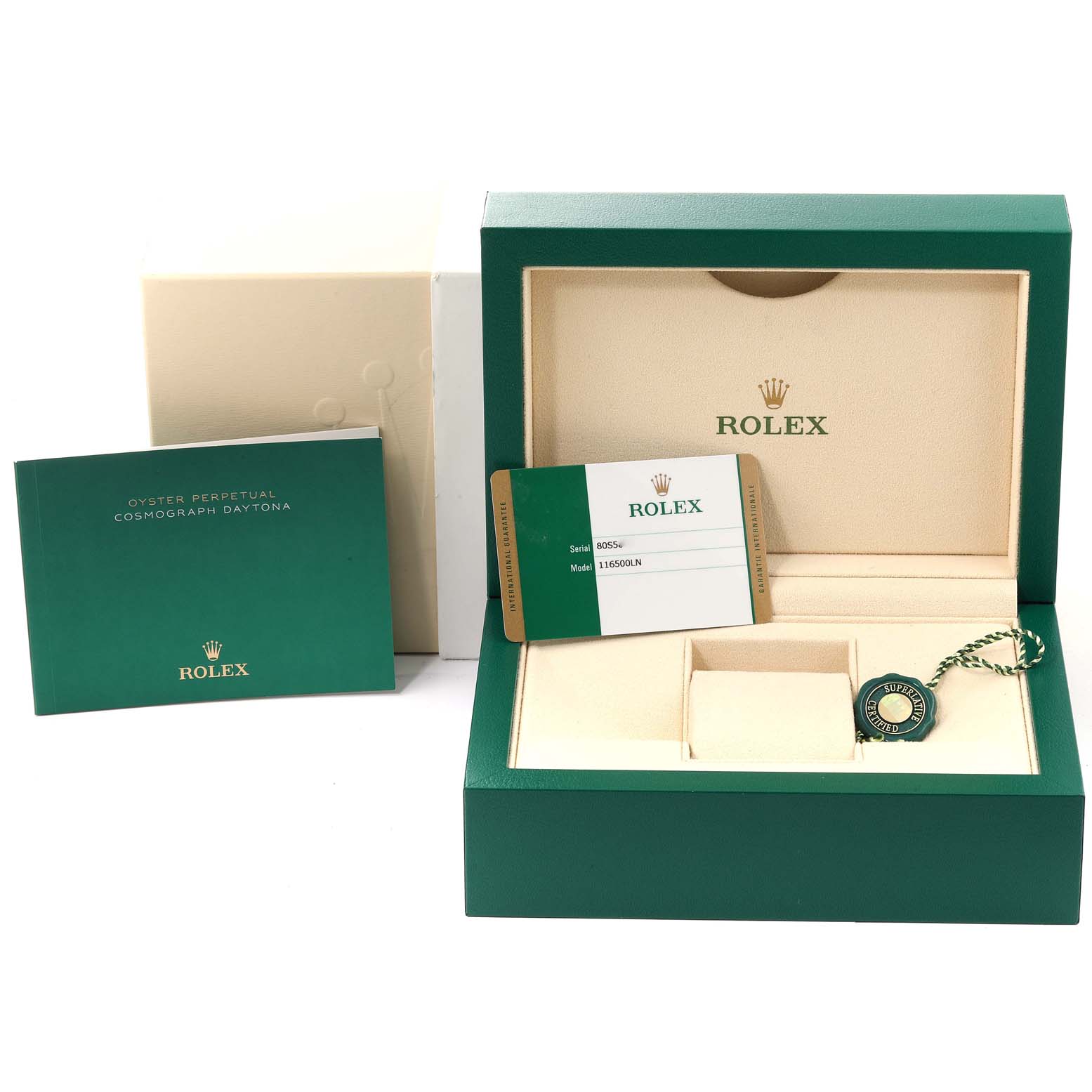 This image shows the packaging, booklet, warranty card, and tag for a Rolex Daytona 116500 Men's Stainless Steel Black Dial 116500 Men's Stainless Steel Black Dial watch, model 116500LN.