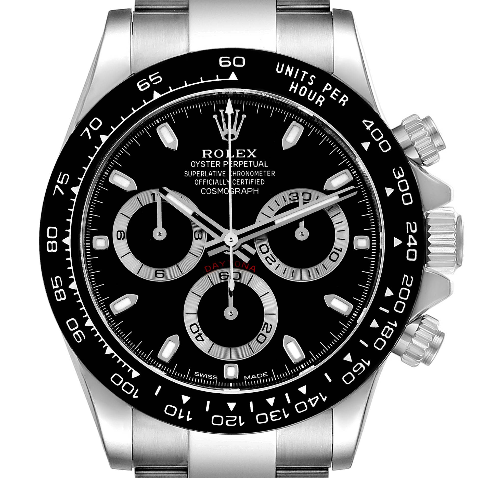 The image shows a front view of the Rolex Daytona 116500 Men's Stainless Steel Black Dial 116500 Men's Stainless Steel Black Dial watch, highlighting the dial, chronographs, and bezel.