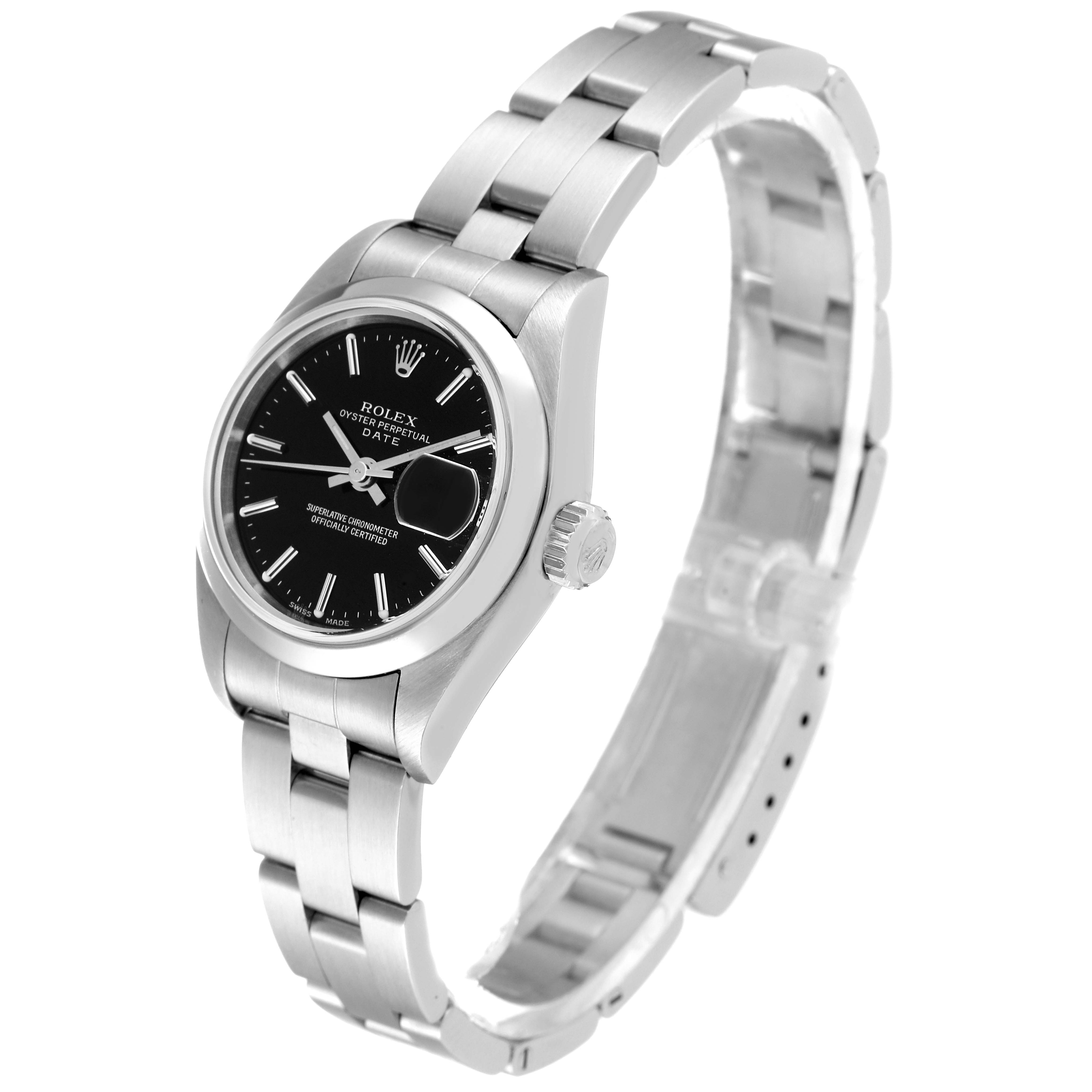 The image shows a side and top view of a Rolex Date 79160 Women's Stainless Steel Black Dial 79160 Women's Stainless Steel Black Dial model watch, highlighting its black dial, bezel, and metal bracelet.