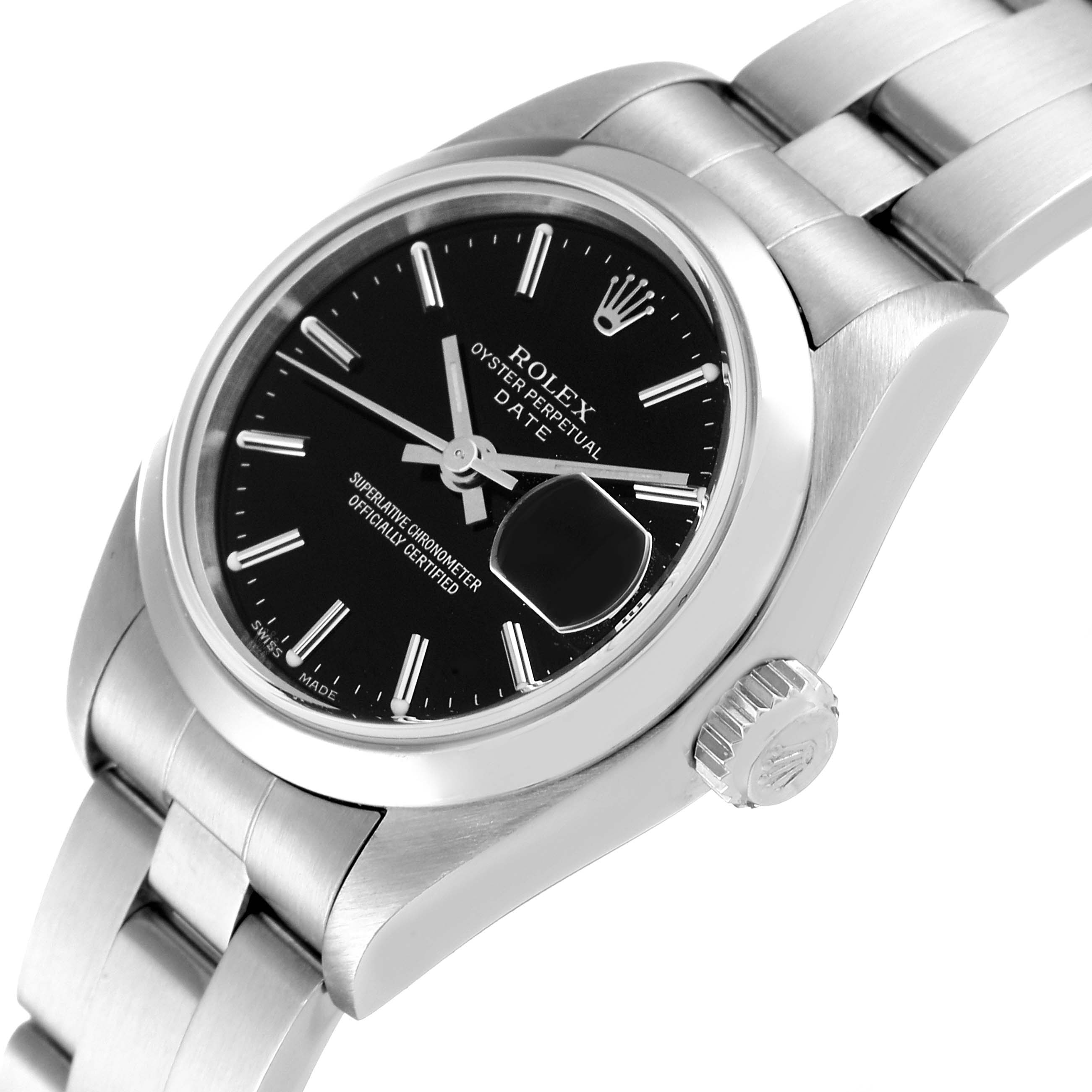 The image shows a Rolex Date 79160 Women's Stainless Steel Black Dial 79160 Women's Stainless Steel Black Dial model watch at an angled view, displaying its black dial, date window, crown, and bracelet.