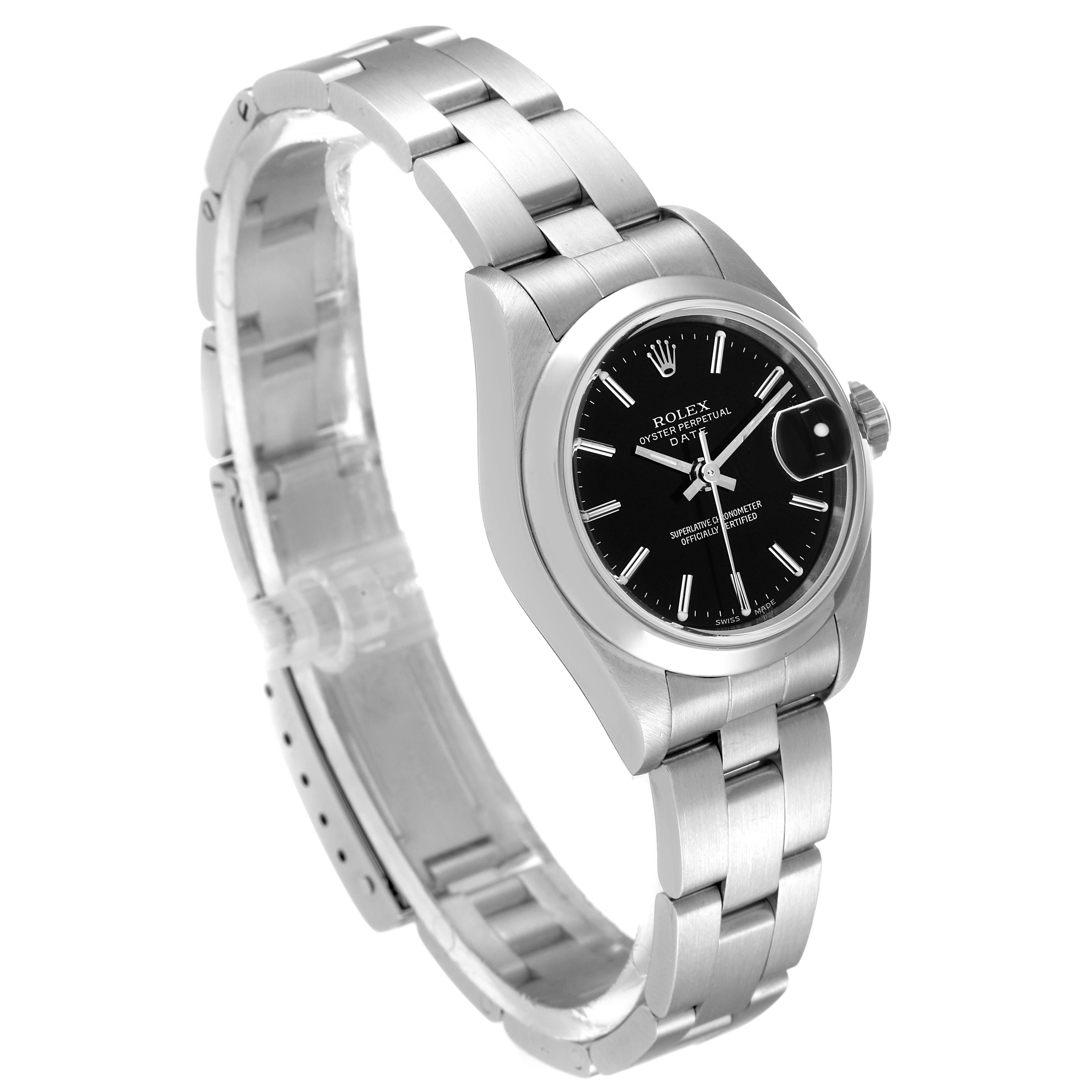 This image shows a Rolex Date 79160 Women's Stainless Steel Black Dial 79160 Women's Stainless Steel Black Dial model watch at an angle displaying the face, bezel, crown, and band.