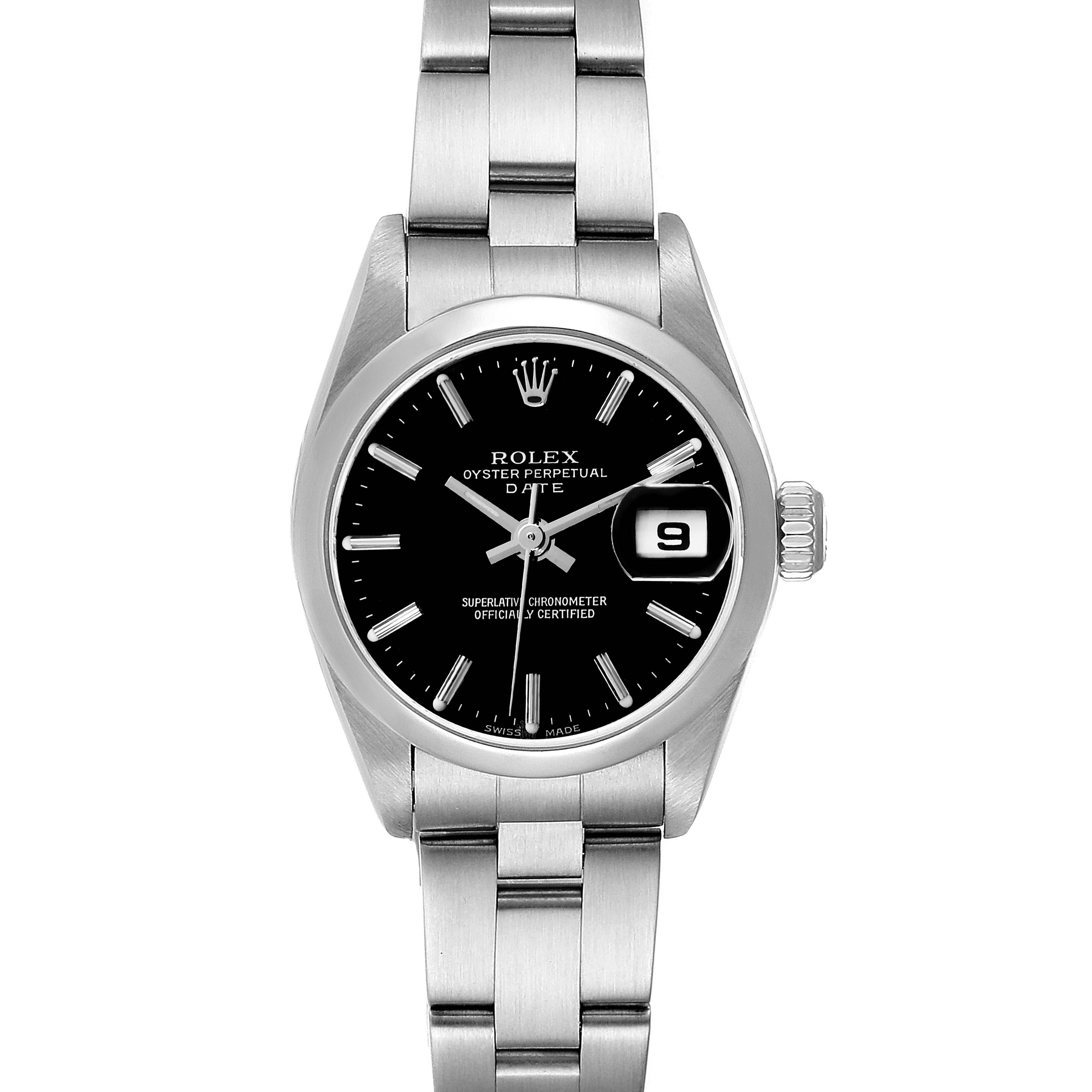 The image shows a front view of a Rolex Date 79160 Women's Stainless Steel Black Dial 79160 Women's Stainless Steel Black Dial model watch, showcasing its dial, bezel, and bracelet.