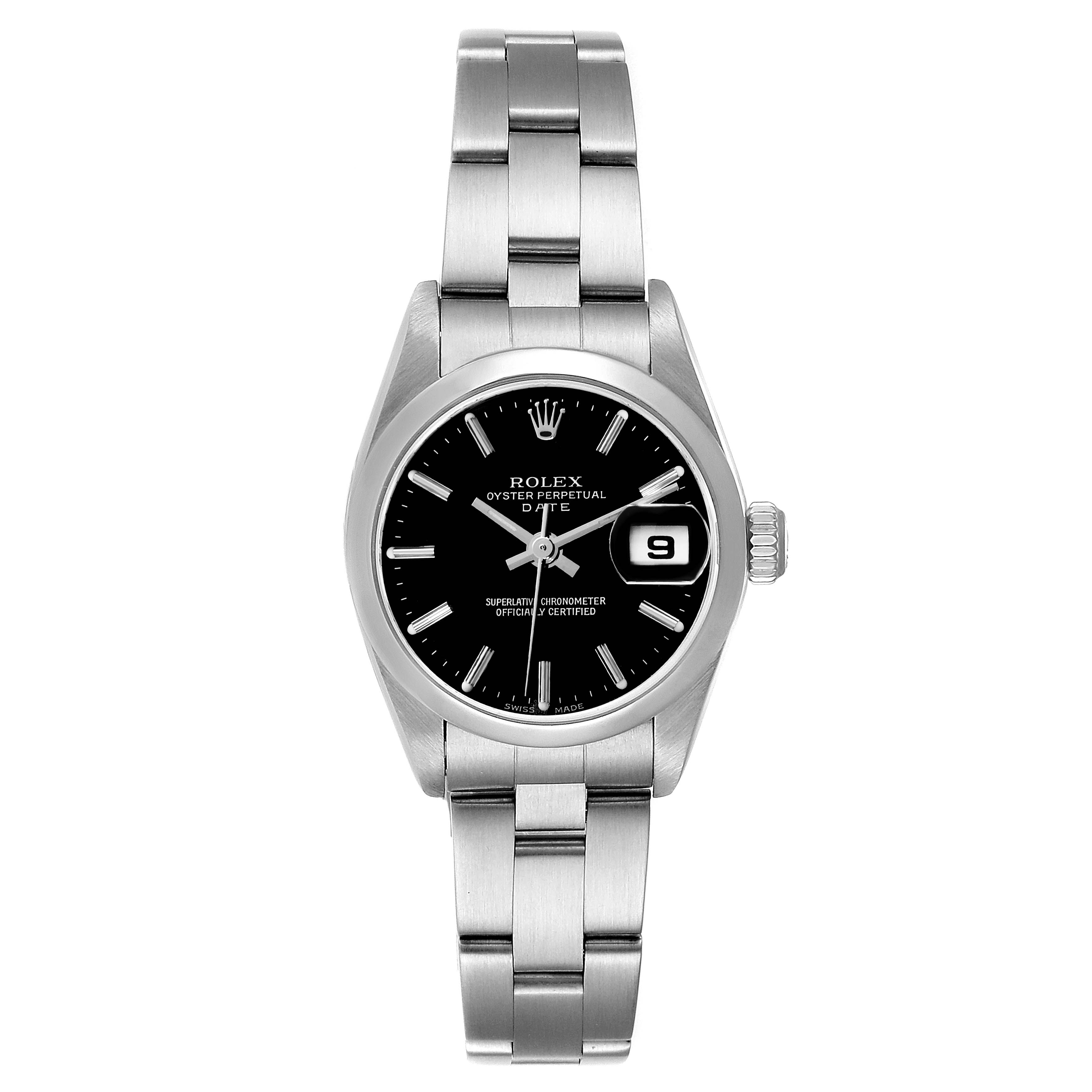 This Rolex Date 79160 Women's Stainless Steel Black Dial 79160 Women's Stainless Steel Black Dial model watch is shown from a front angle, featuring the black dial, date window, stainless steel case, and bracelet strap.