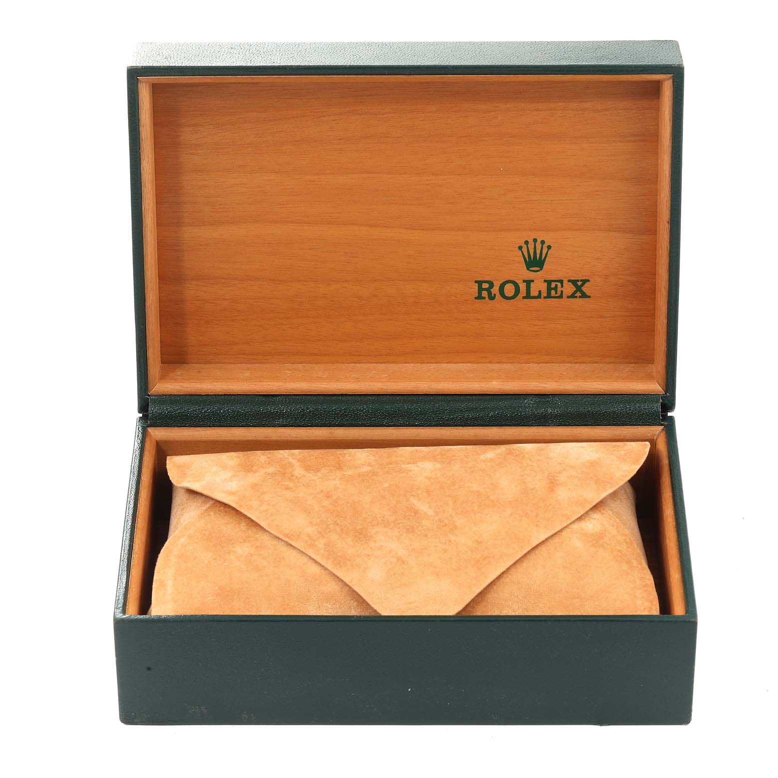 This image shows an open Rolex Date 15200 Men
s Stainless Steel Pink Dial 15200 Men
s Stainless Steel Pink Dial model watch box, featuring a suede pouch inside.