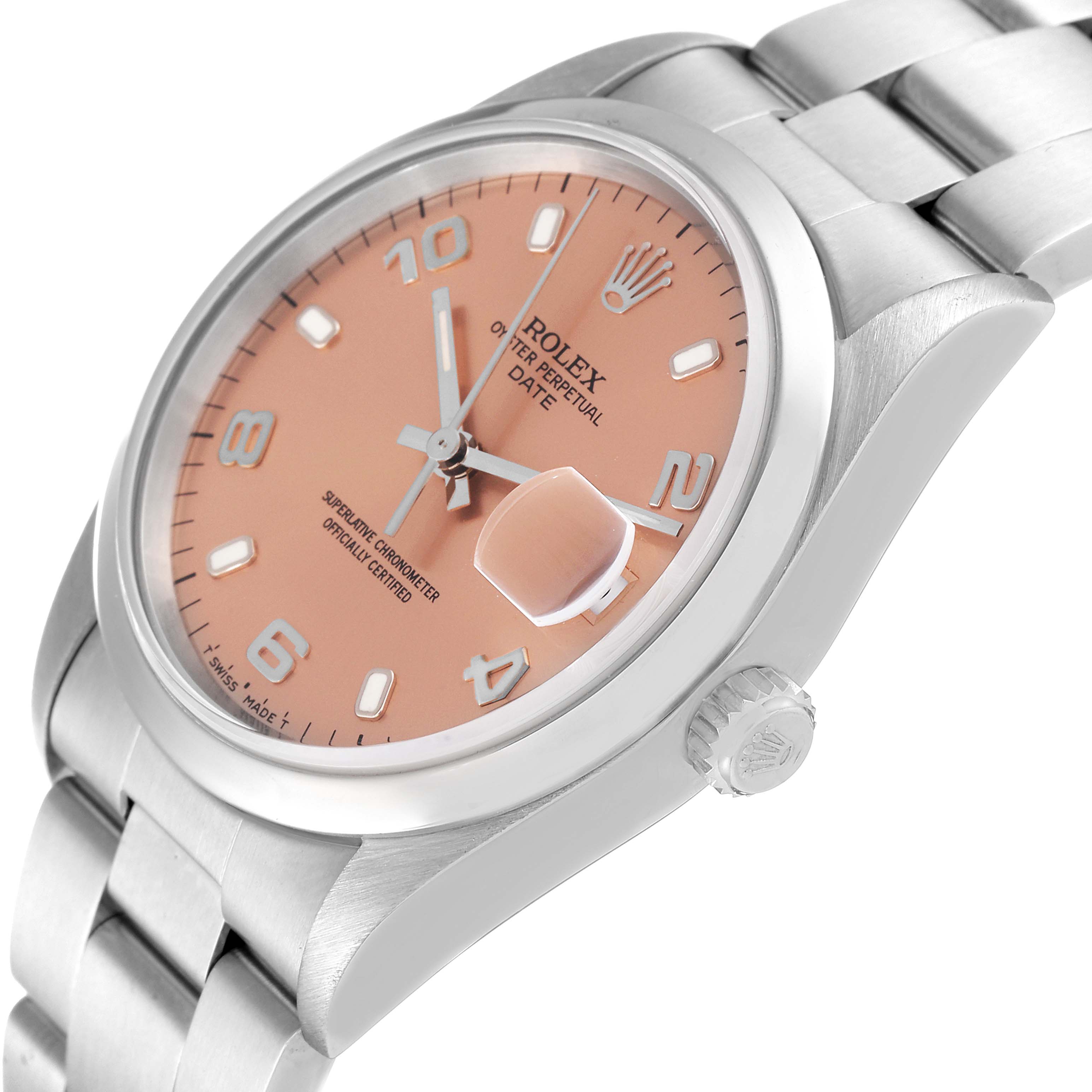 This image shows a Rolex Date 15200 Men
s Stainless Steel Pink Dial 15200 Men
s Stainless Steel Pink Dial model watch at a slight angle highlighting the dial, bezel, bracelet, and crown.