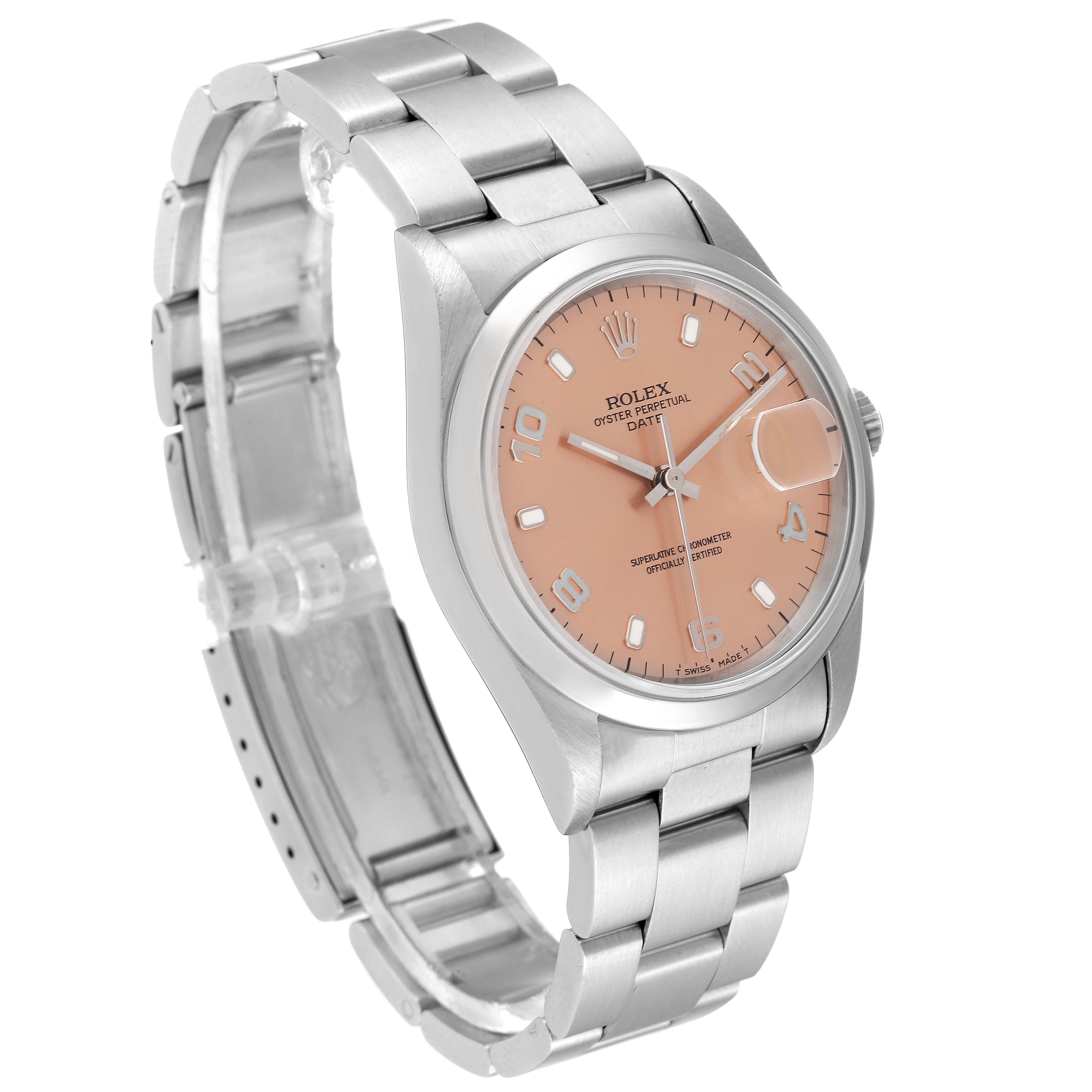 The Rolex Date 15200 Men
s Stainless Steel Pink Dial 15200 Men
s Stainless Steel Pink Dial watch is shown at a three-quarter angle, highlighting its bracelet, case, dial, hands, and crown.