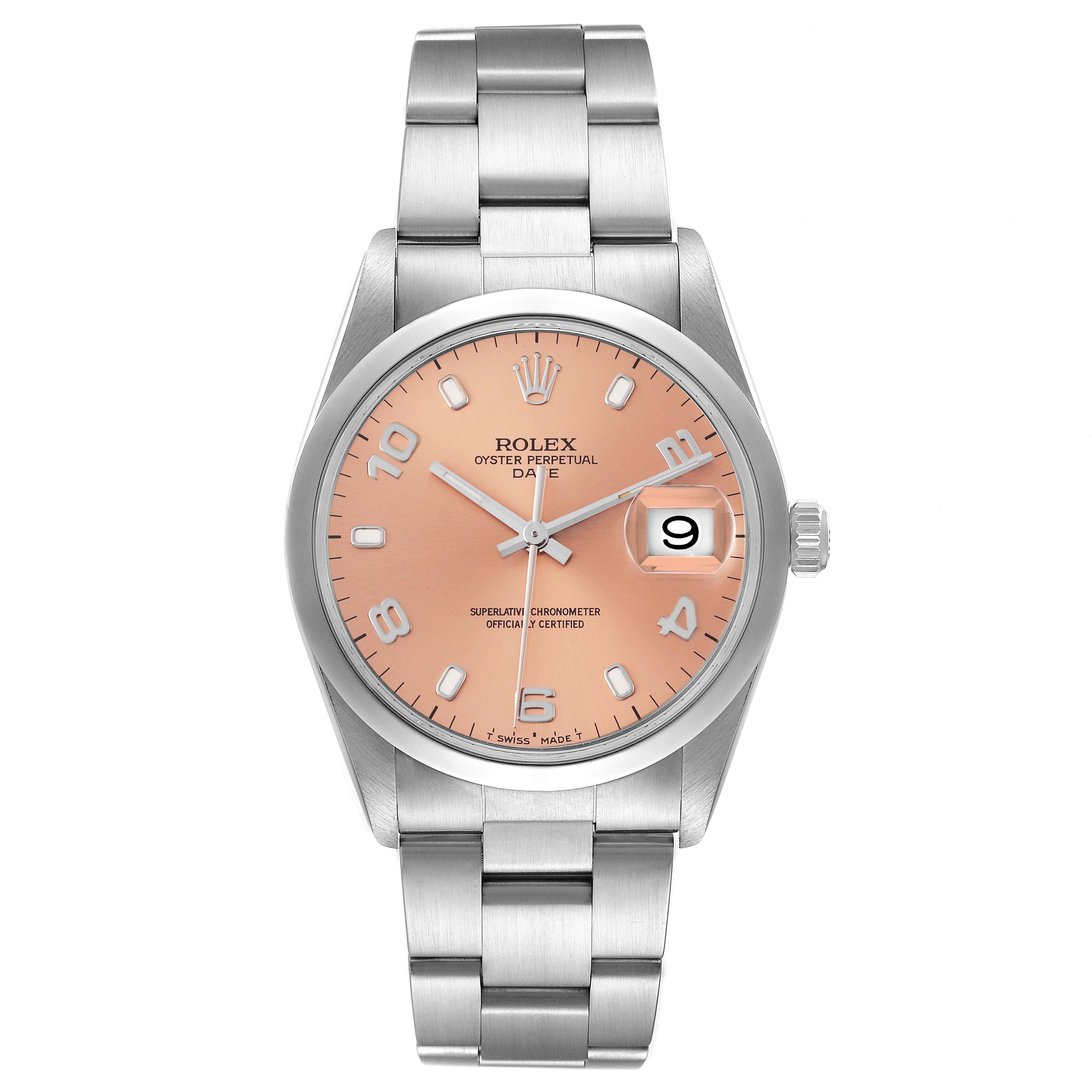 The Rolex Date 15200 Men
s Stainless Steel Pink Dial 15200 Men
s Stainless Steel Pink Dial watch is shown from a straight-on angle, displaying the dial and full metal bracelet.