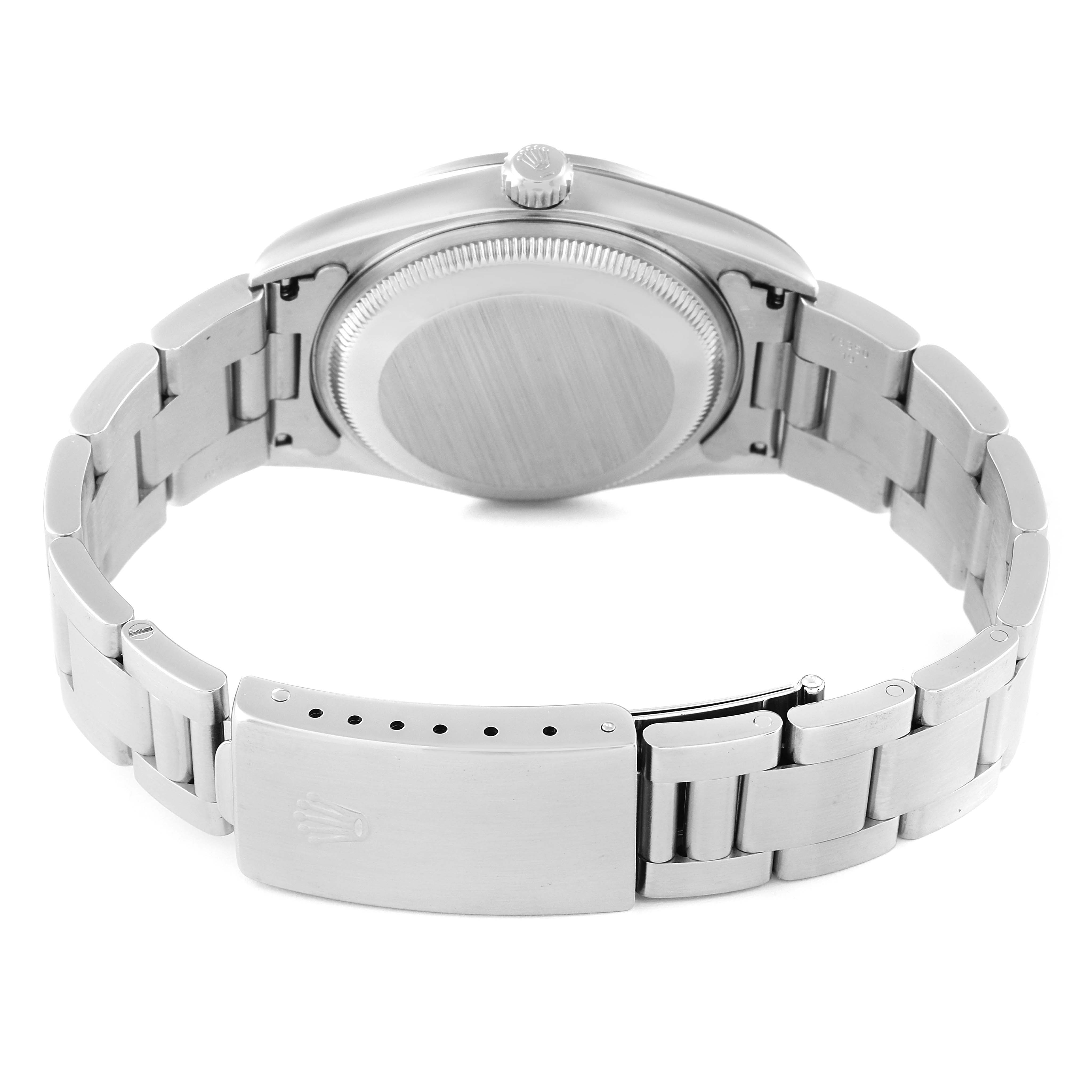 The image shows the back view of a Rolex Date 15200 Men
s Stainless Steel Pink Dial 15200 Men
s Stainless Steel Pink Dial model watch, highlighting the clasp, bracelet, and case back.