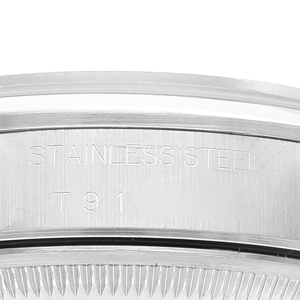 This image shows an angled close-up of the stainless steel case and etched details on a Rolex Date 15200 Men
s Stainless Steel Pink Dial 15200 Men
s Stainless Steel Pink Dial model watch.