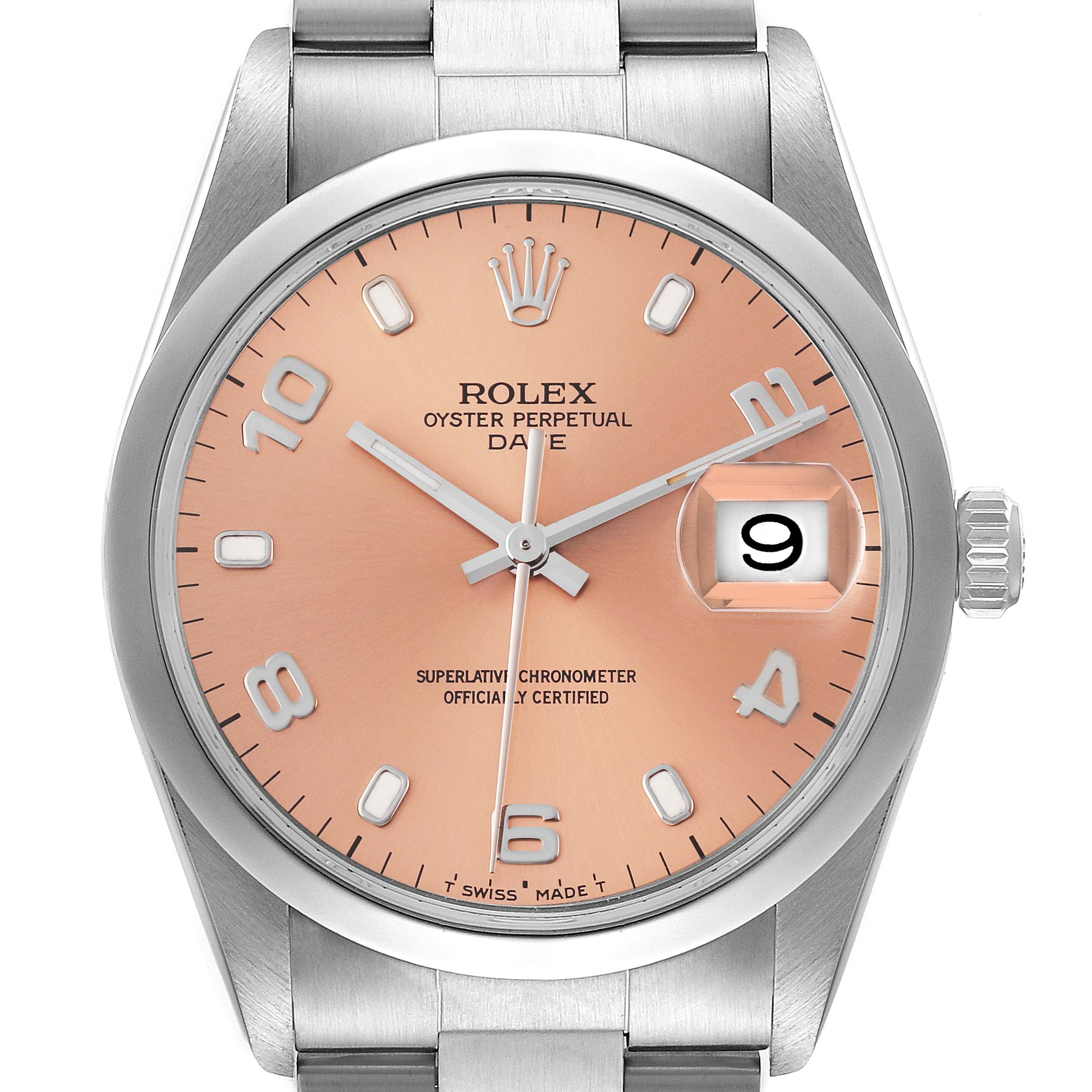 The image shows a front view of a Rolex Date 15200 Men
s Stainless Steel Pink Dial 15200 Men
s Stainless Steel Pink Dial model watch, highlighting the dial, hands, crown, and bracelet.