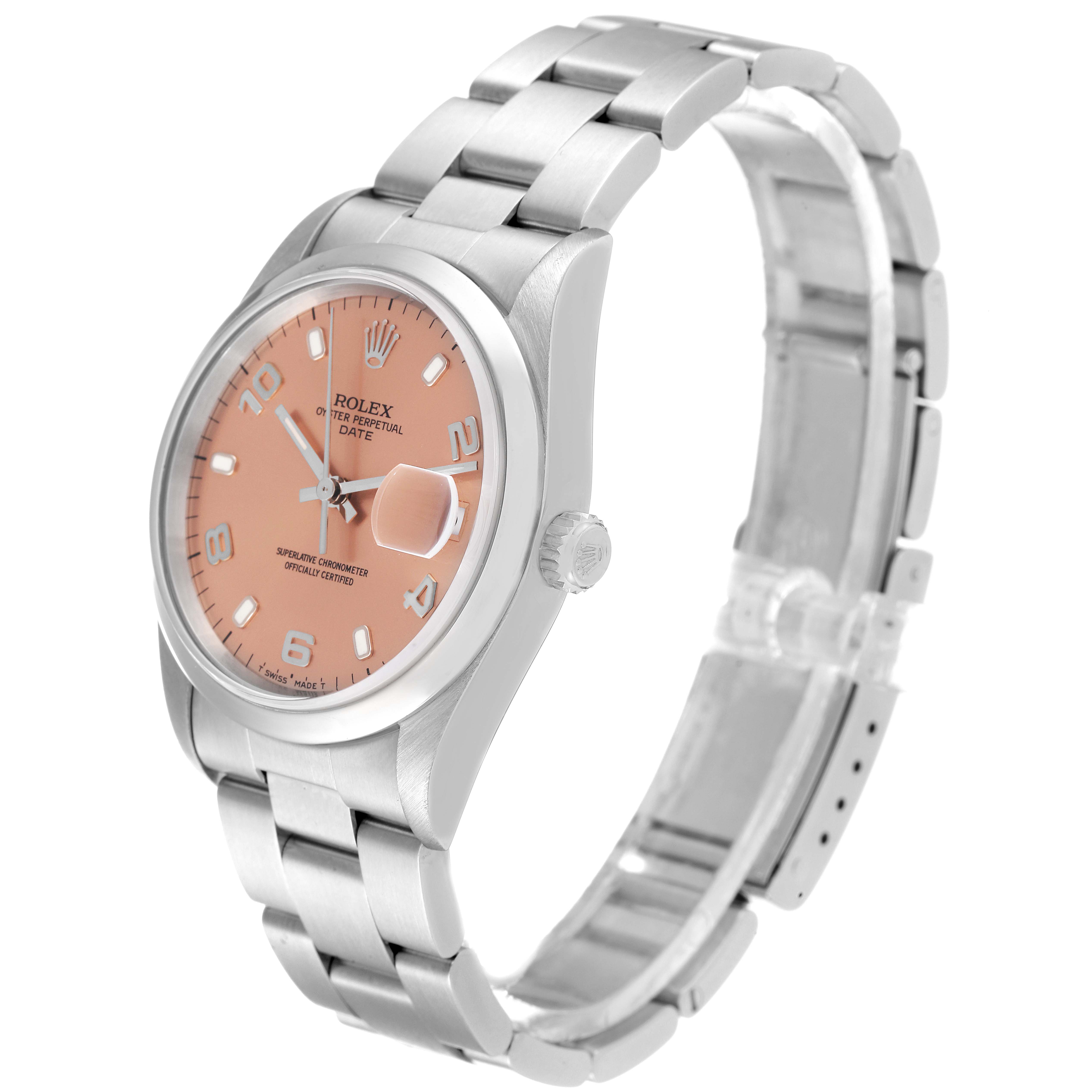 The image shows a Rolex Date 15200 Men
s Stainless Steel Pink Dial 15200 Men
s Stainless Steel Pink Dial model watch at a slightly angled side view, displaying the dial, case, and bracelet.