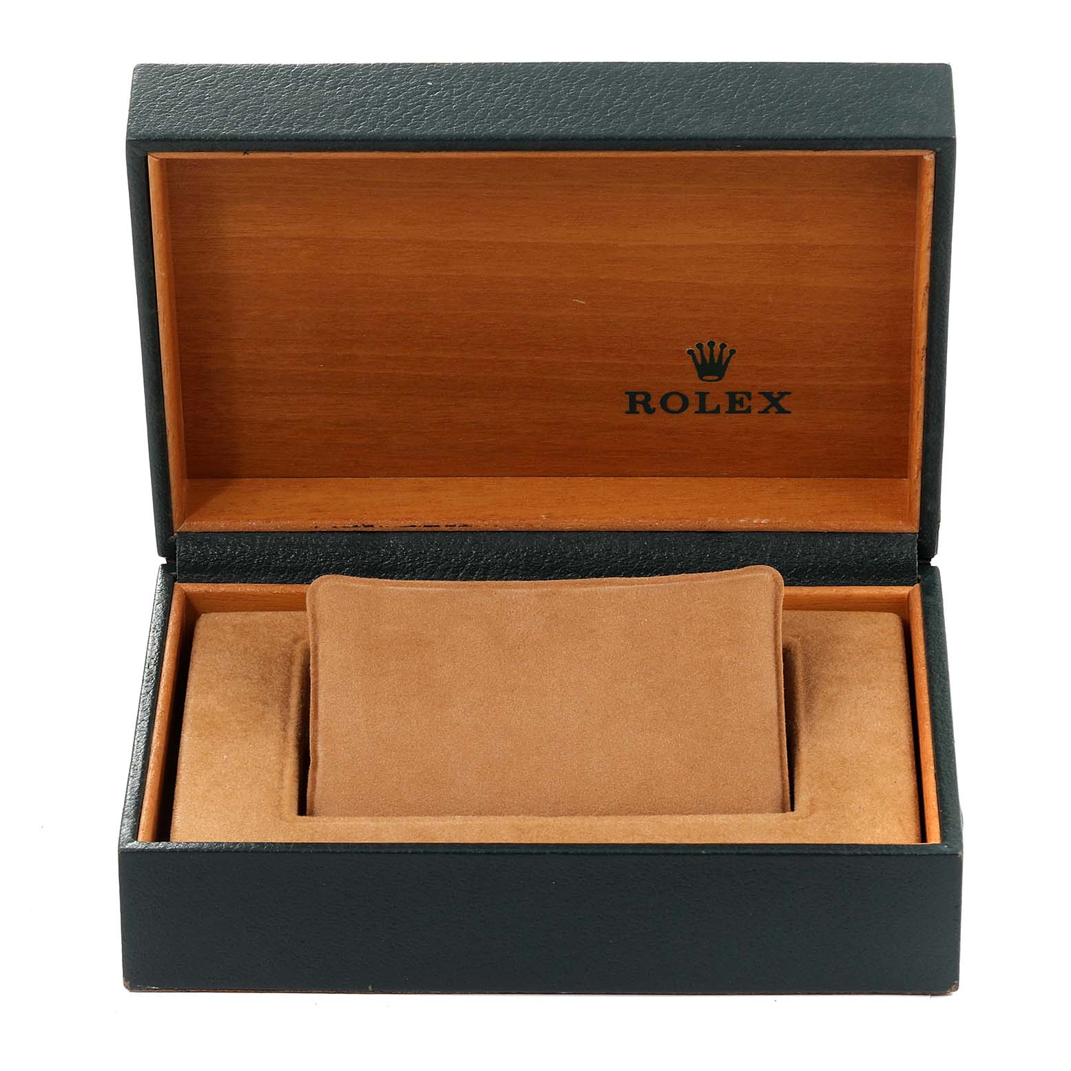 The image shows an open Rolex Date 15200 Men's Stainless Steel Grey Dial 15200 Men's Stainless Steel Grey Dial model watch box, revealing the cushioned interior but without the watch.