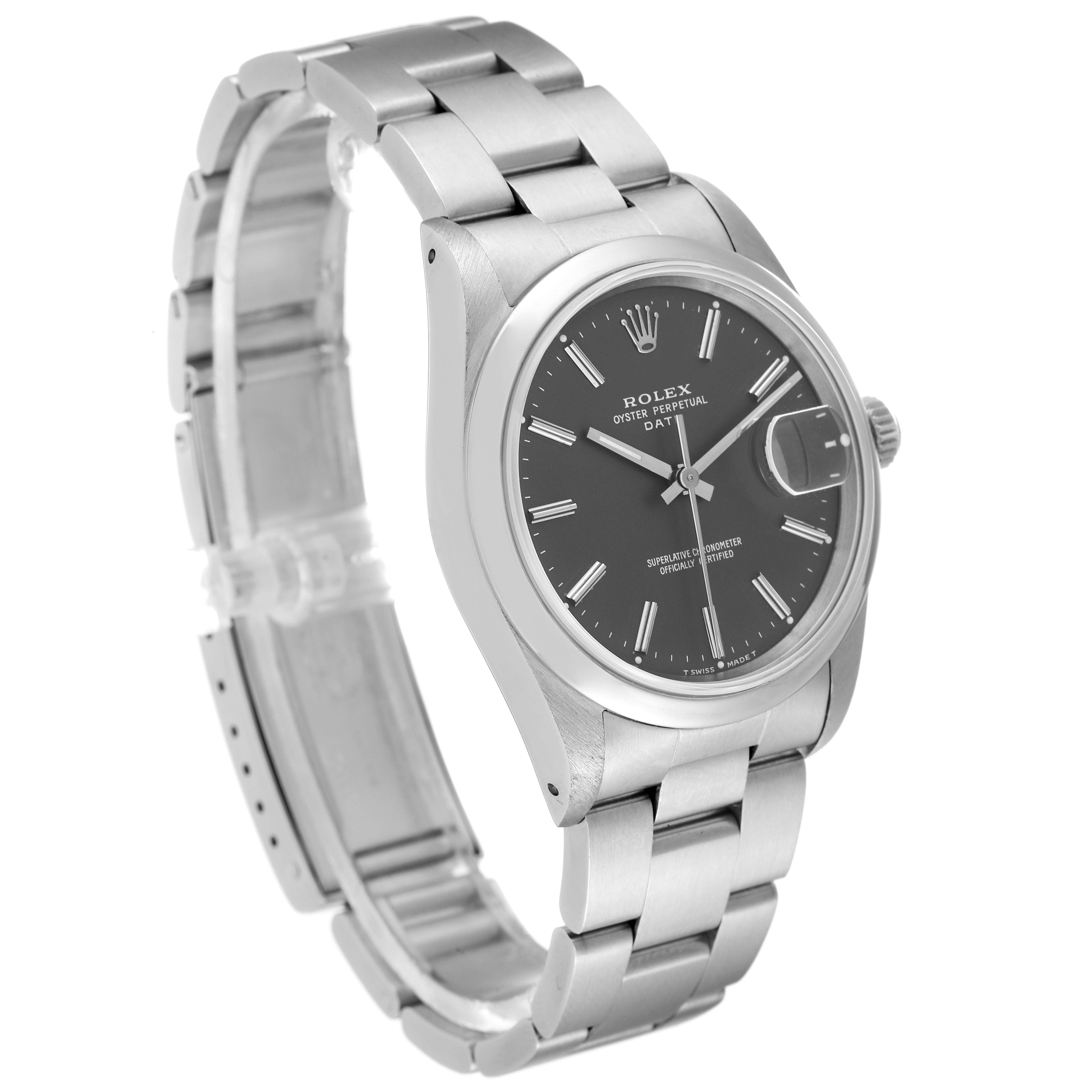 The image shows a Rolex Date 15200 Men's Stainless Steel Grey Dial 15200 Men's Stainless Steel Grey Dial model watch from an angled side view, highlighting its bezel, dial, bracelet, and clasp.