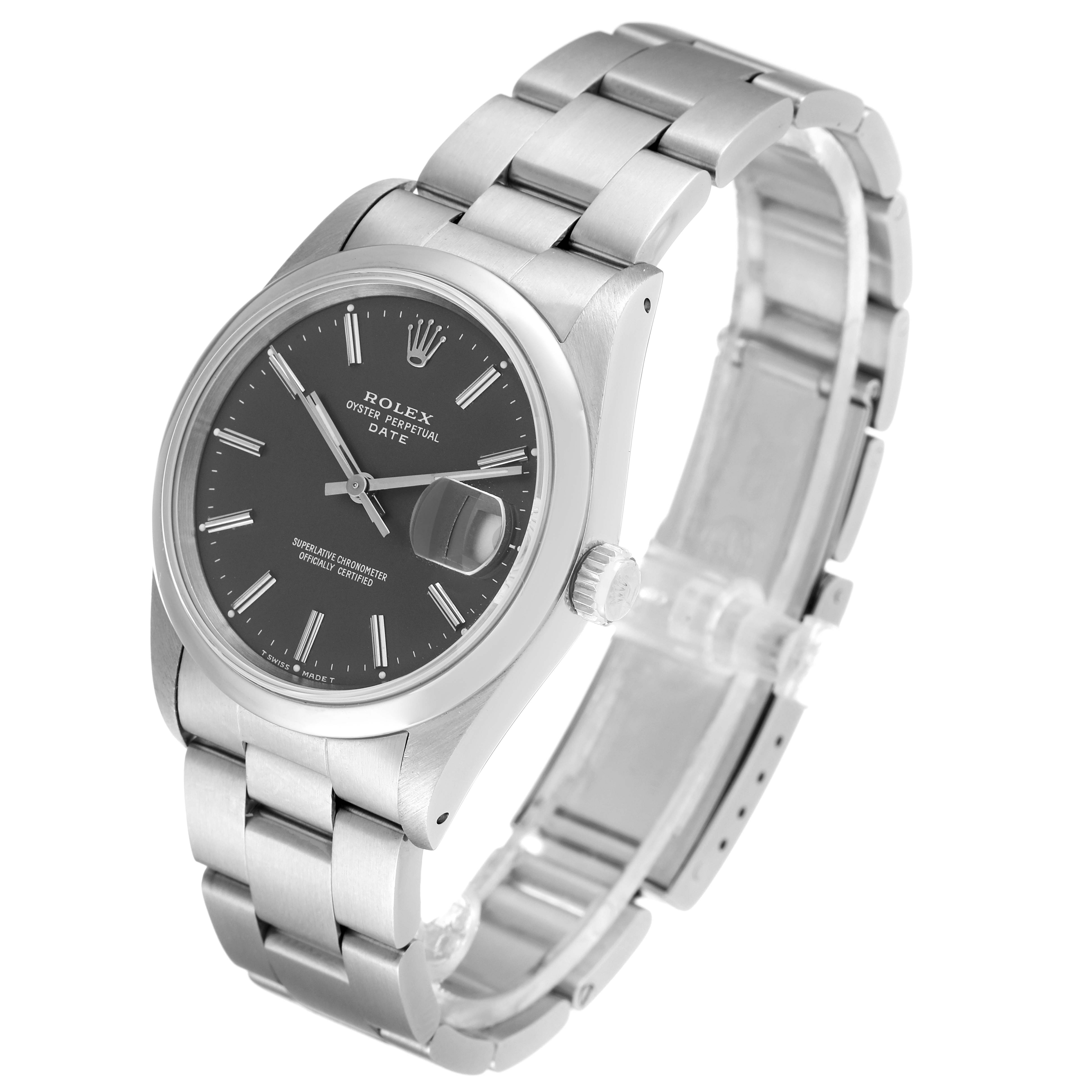 The Rolex Date 15200 Men's Stainless Steel Grey Dial 15200 Men's Stainless Steel Grey Dial model watch is shown at a slight angle, displaying the dial, crown, and metal bracelet.