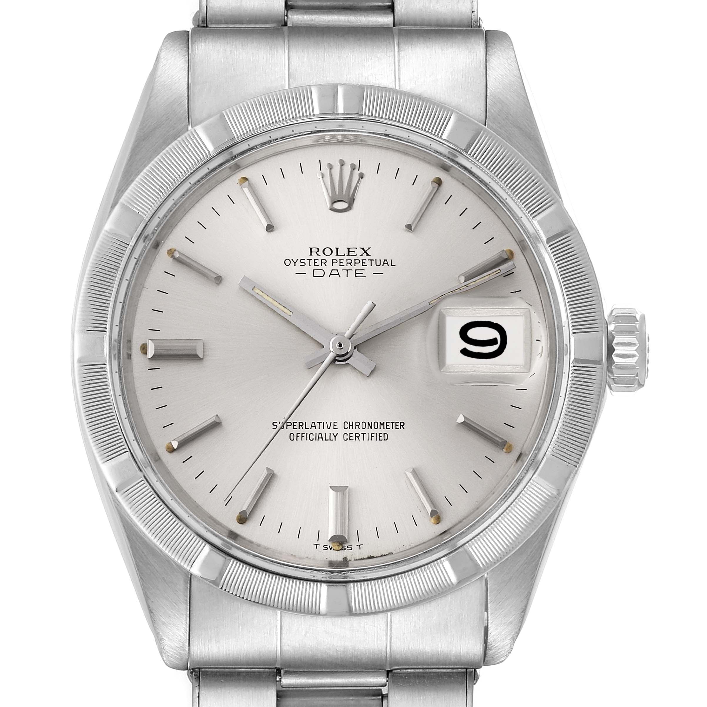 This image shows a front view of a Rolex Vintage Collection 1501 Men's Stainless Steel Silver Dial 1501 Men's Stainless Steel Silver Dial Oyster Perpetual Date watch, highlighting the dial and bracelet.