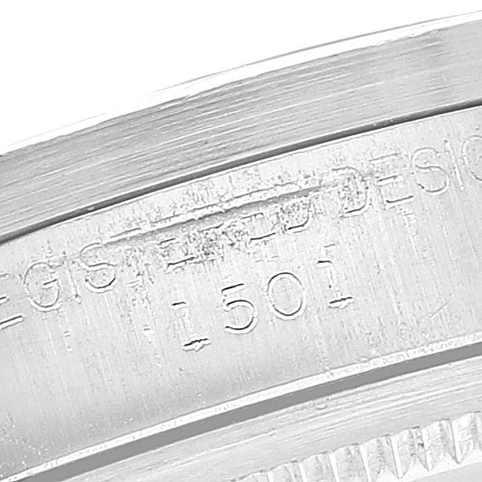 This close-up image shows the engraved serial number "1501" on the case back edge of a Rolex Vintage Collection 1501 Men's Stainless Steel Silver Dial 1501 Men's Stainless Steel Silver Dial watch.