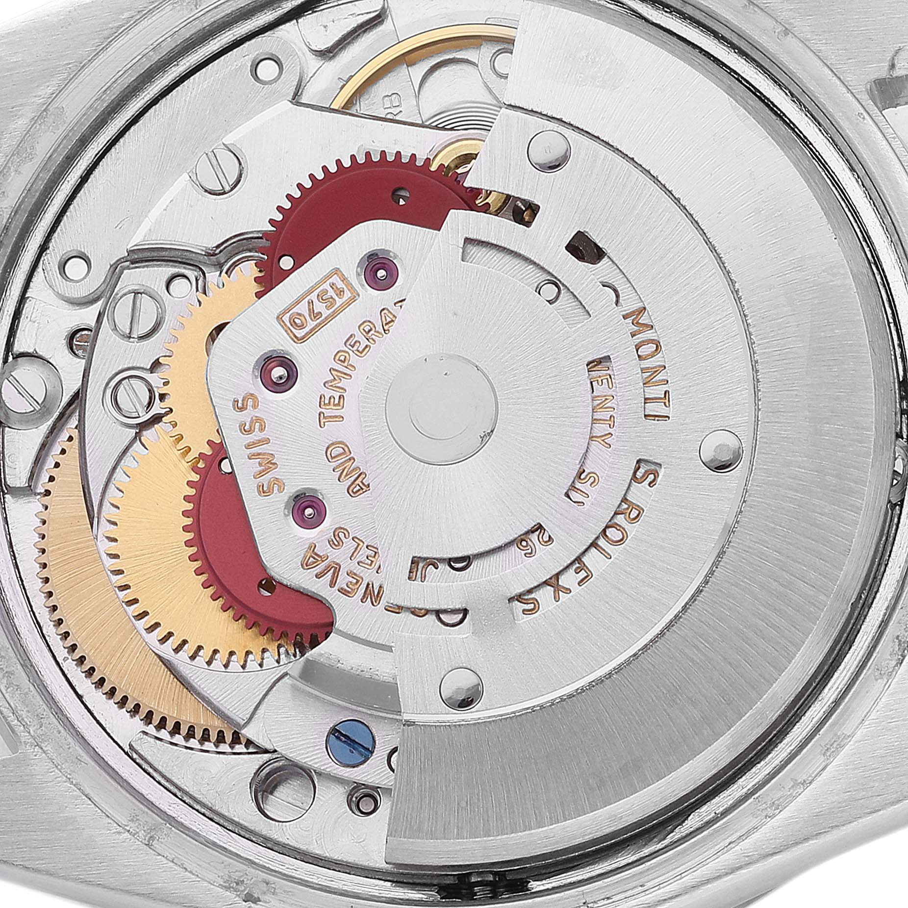 This image shows the intricate inner mechanism and gears of a Rolex Vintage Collection 1501 Men's Stainless Steel Silver Dial 1501 Men's Stainless Steel Silver Dial model.