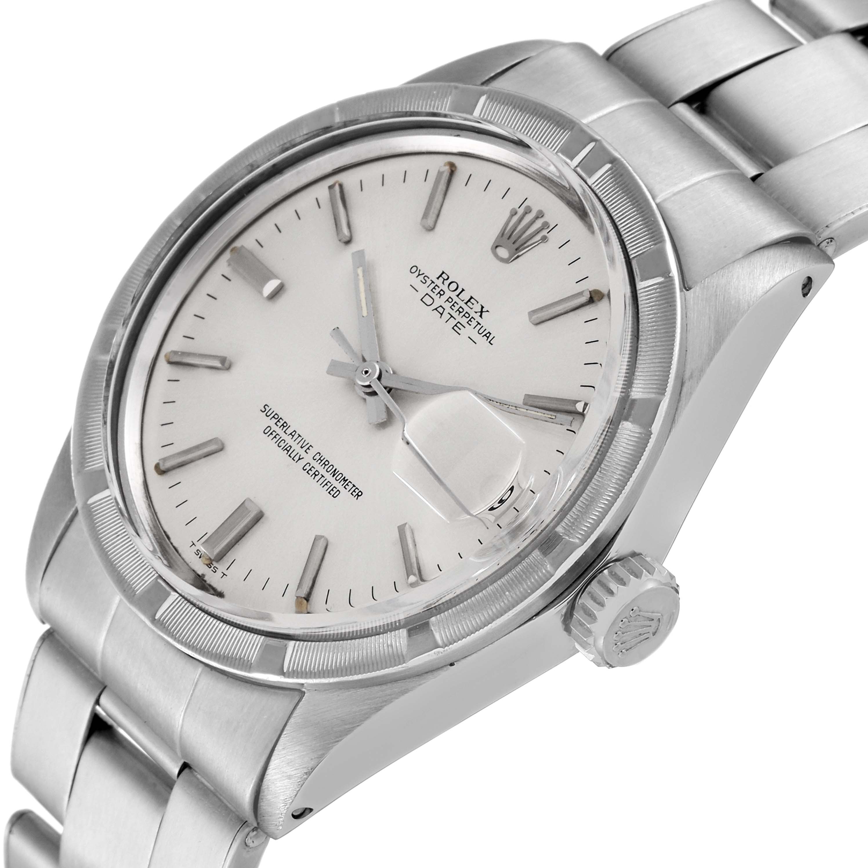 The image shows a Rolex Vintage Collection 1501 Men's Stainless Steel Silver Dial 1501 Men's Stainless Steel Silver Dial model watch from a side angle, clearly depicting the dial, crown, and bracelet.