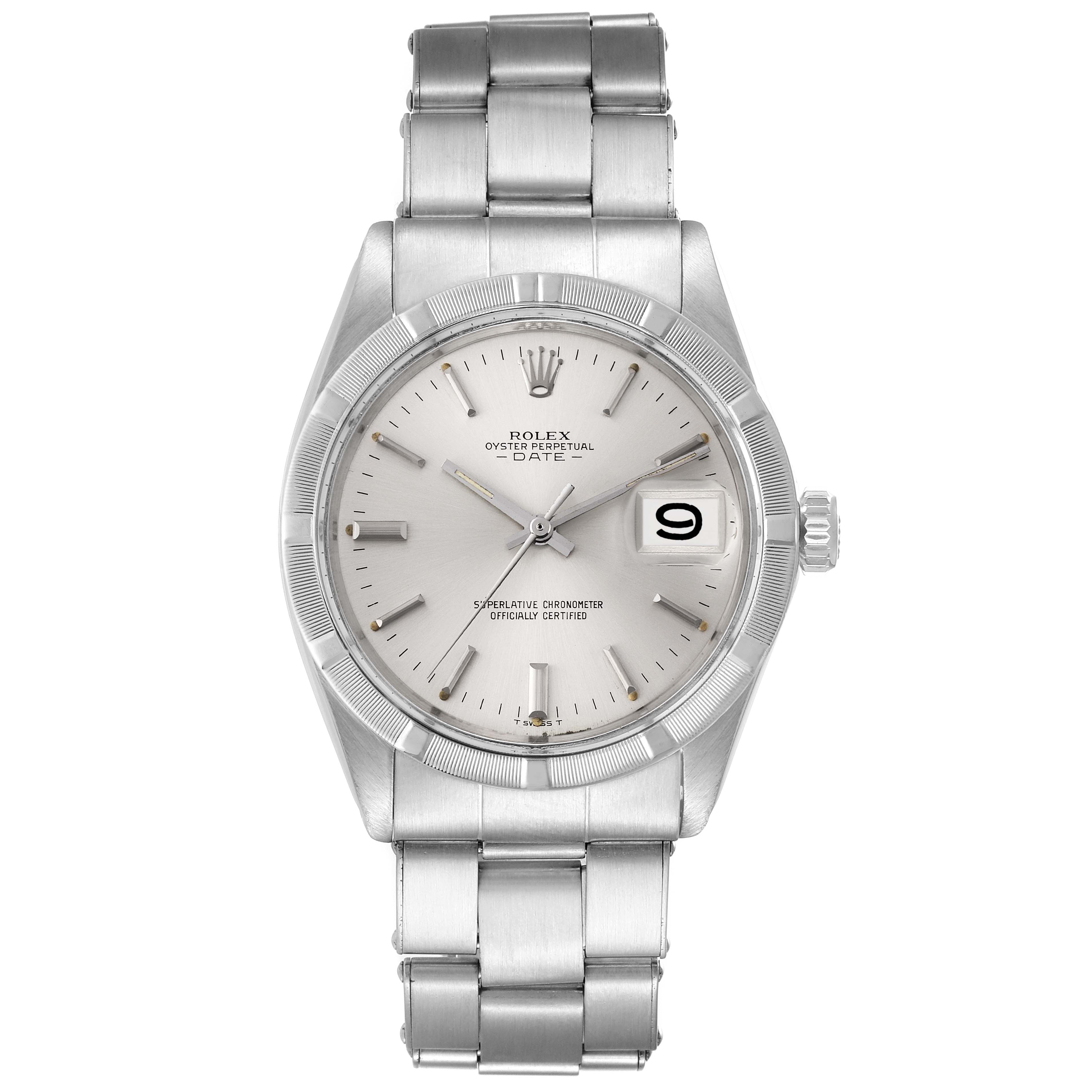 The image shows a front view of the Rolex Vintage Collection 1501 Men's Stainless Steel Silver Dial 1501 Men's Stainless Steel Silver Dial Oyster Perpetual Date watch, displaying its dial, bracelet, and crown.