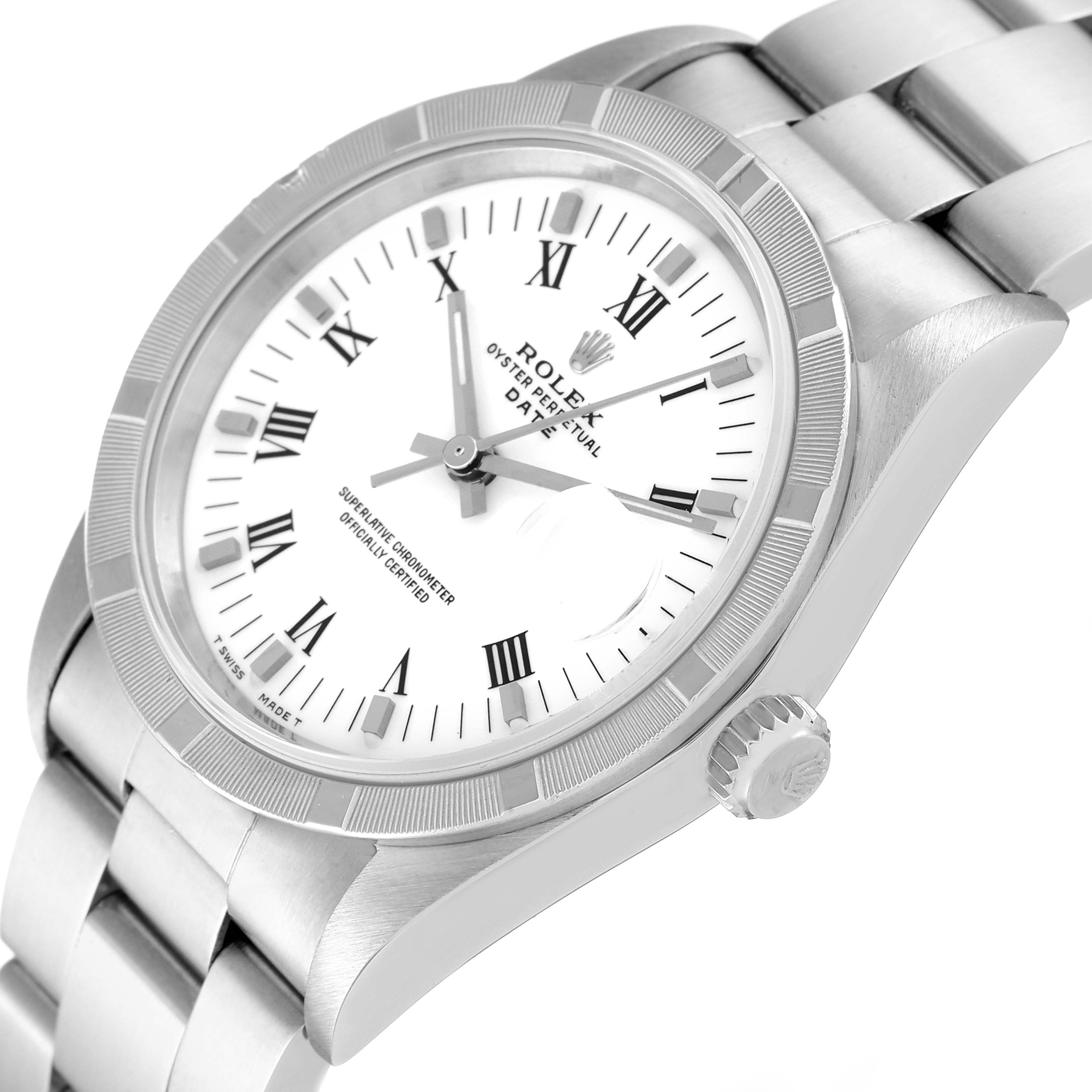 The image shows a close-up angled view of the Rolex Oyster Perpetual Date, highlighting the face, bezel, crown, and part of the bracelet.