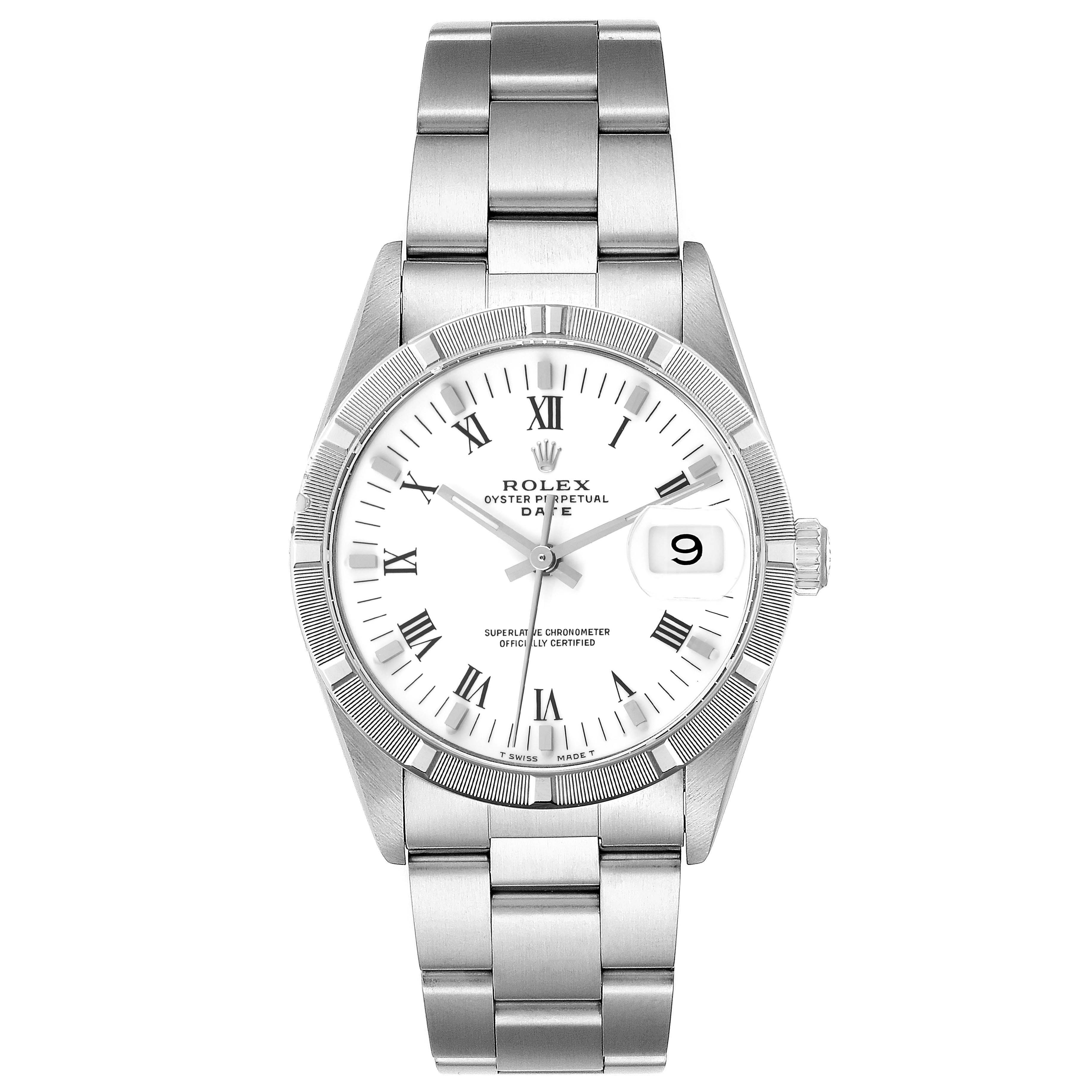 The image shows a frontal view of the Rolex Date 15210 Men
s Stainless Steel White Dial 15210 Men
s Stainless Steel White Dial model, displaying its stainless steel bracelet, dial, and date window at 3 o
clock.